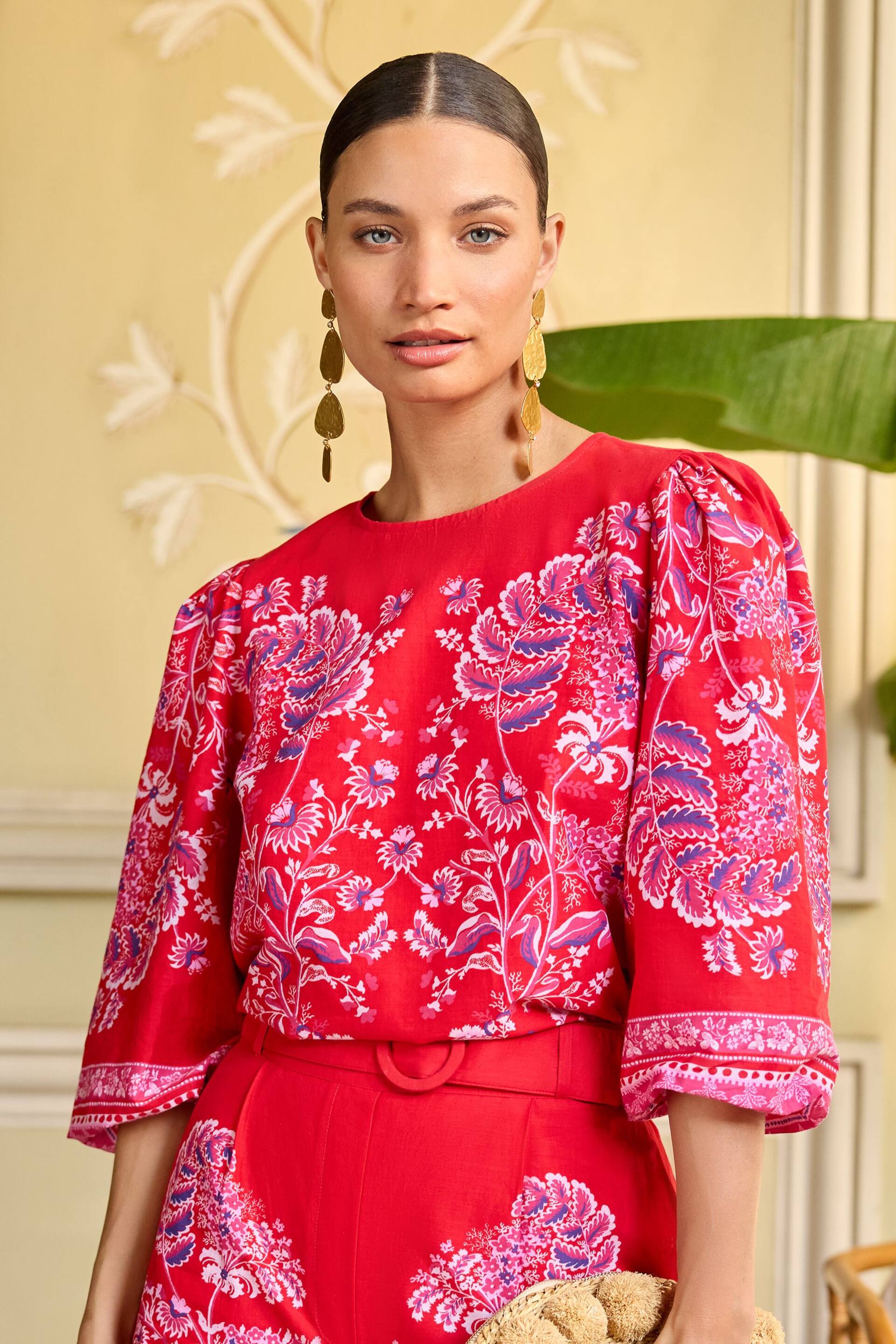 V&A | Love & Roses Red Paisley Printed Puff Sleeve Crew Neck Top - Image 1 of 1
