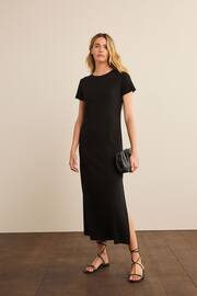 Black Ribbed T-Shirt Style Column Maxi Dress With Slit Detail - Image 1 of 6
