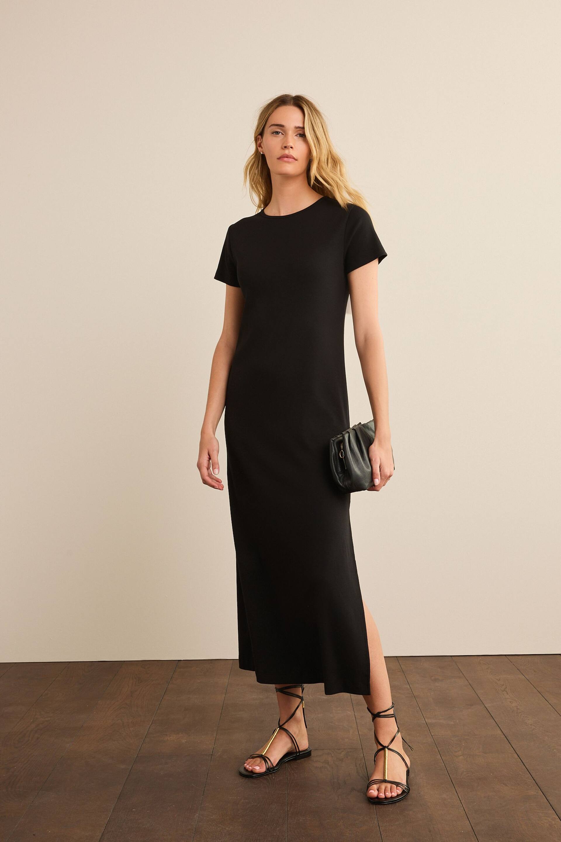 Black Ribbed T-Shirt Style Column Maxi Dress With Slit Detail - Image 1 of 6