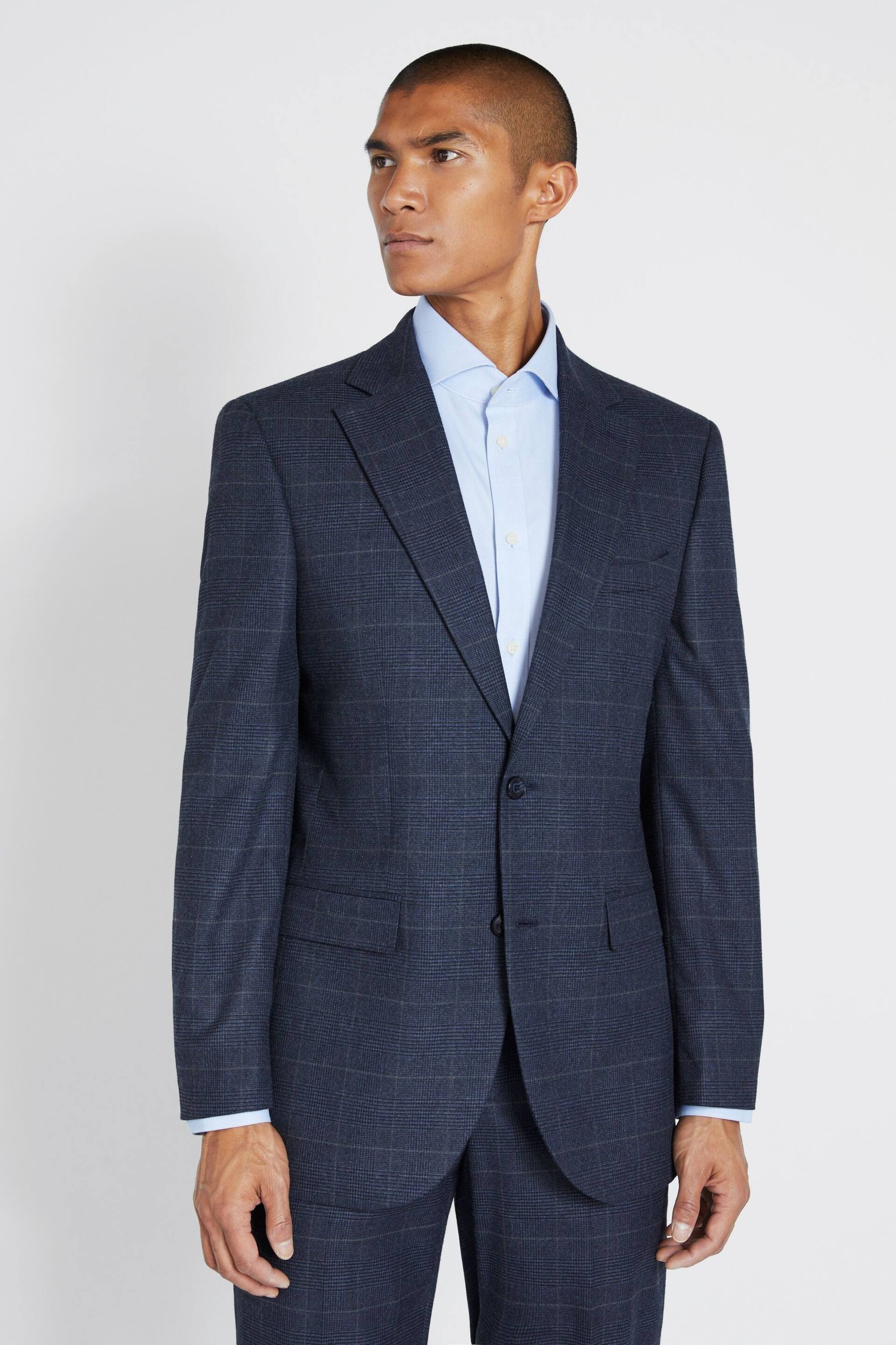 MOSS Regular Fit Blue With Khaki Check Suit: Jacket - Image 1 of 5