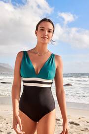 Teal Green Colourblock Print Plunge Tummy Shaping Control Swimsuit - Image 1 of 6