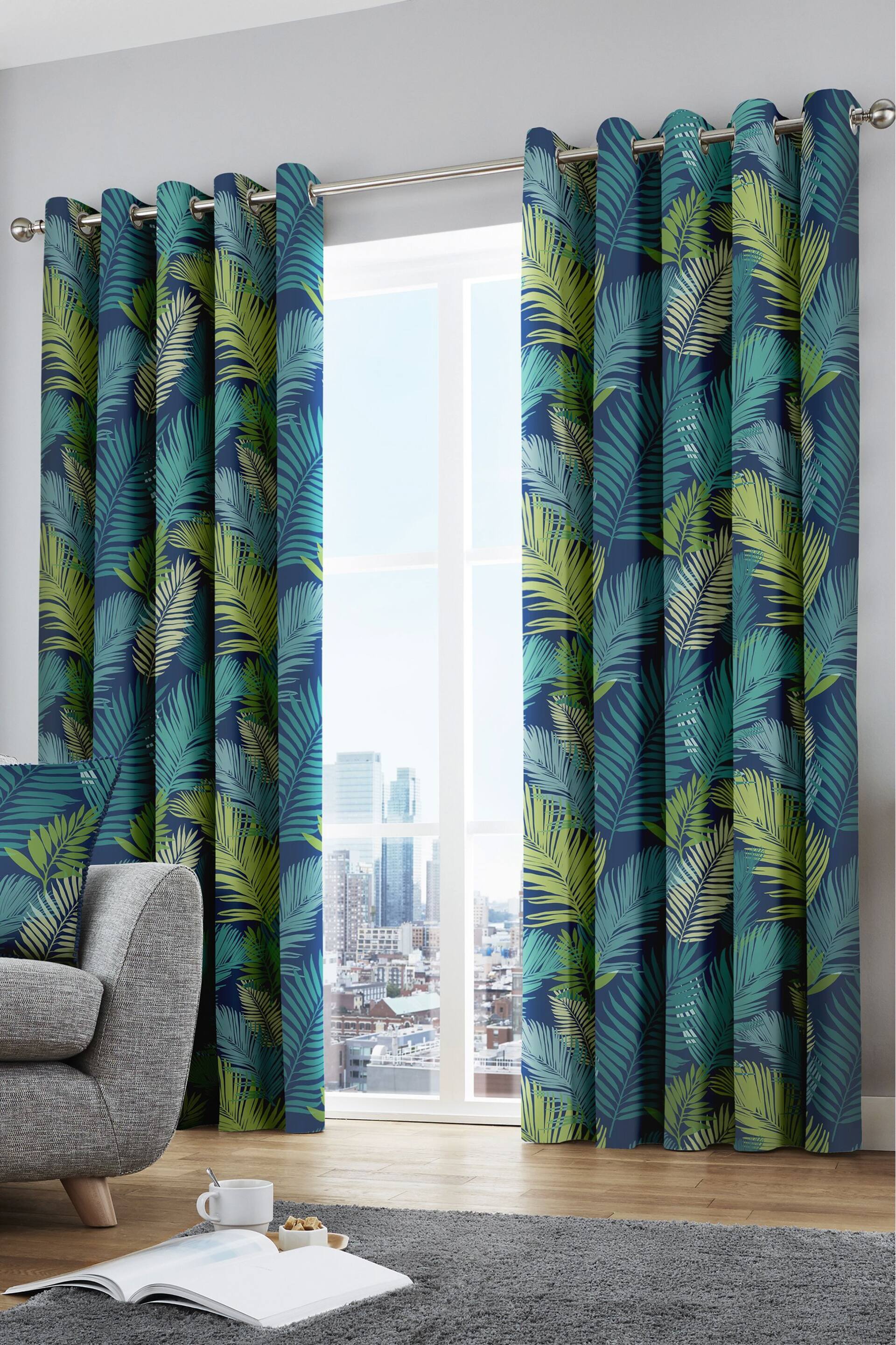 Fusion Green Tropical Leaves Lined Eyelet Curtains - Image 1 of 4