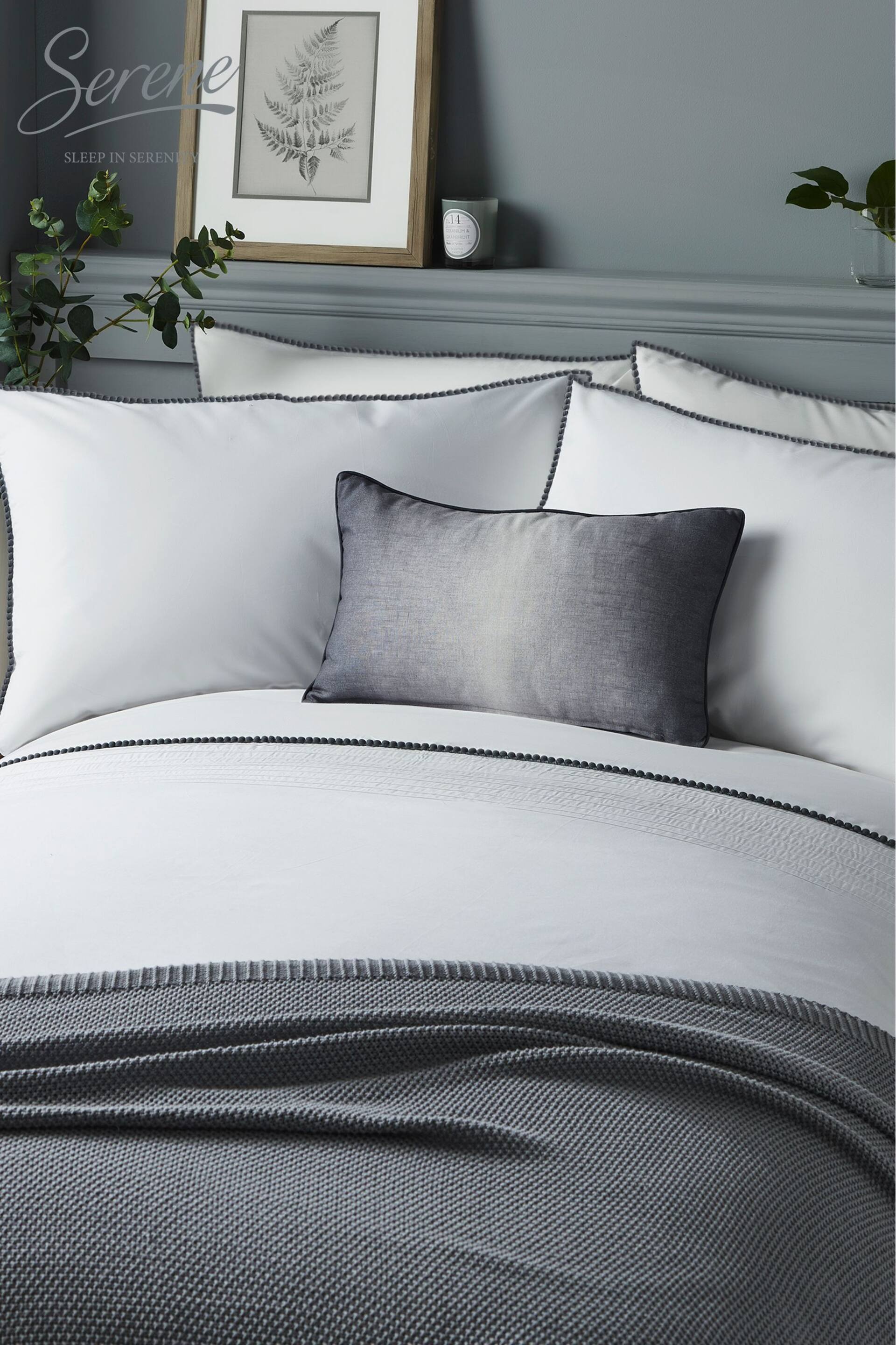 Serene White/Grey Pom Pom Duvet Cover and Pillowcase Set - Image 1 of 2