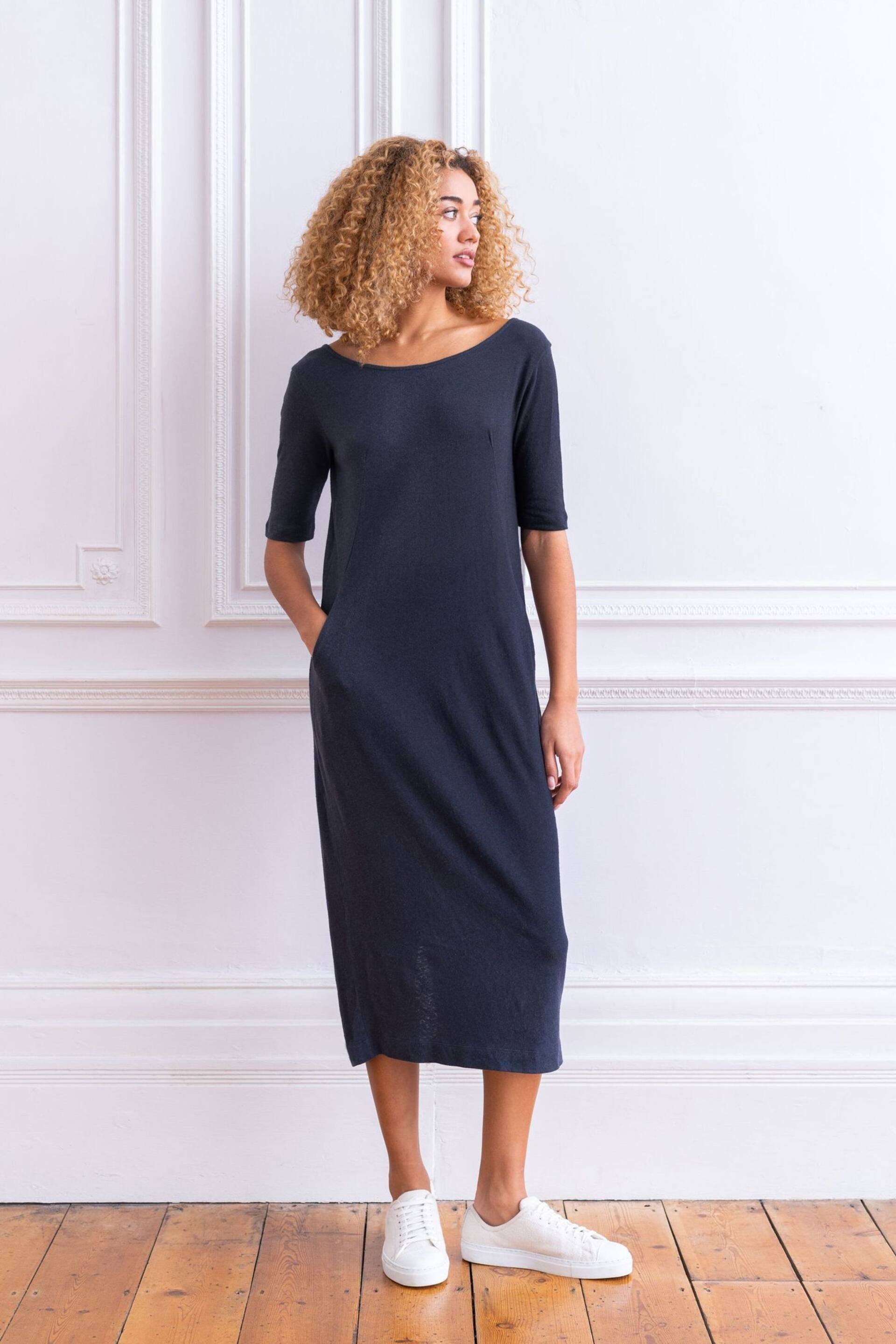 Celtic & Co. Navy Blue Linen/Cotton Button Back Dress - Image 1 of 6