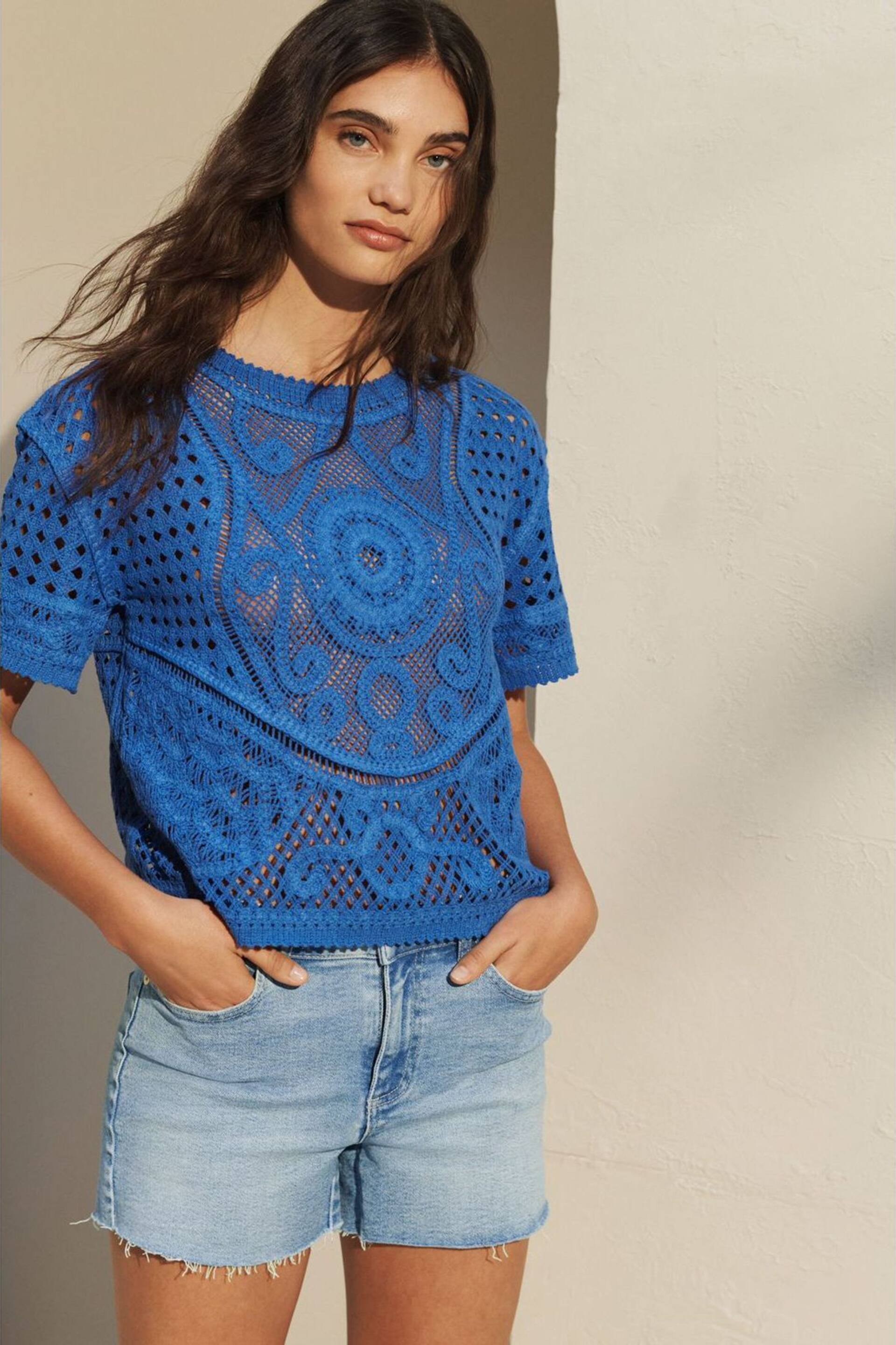 Bright Blue Short Sleeve Crochet Crew Neck T-Shirt - Image 1 of 6