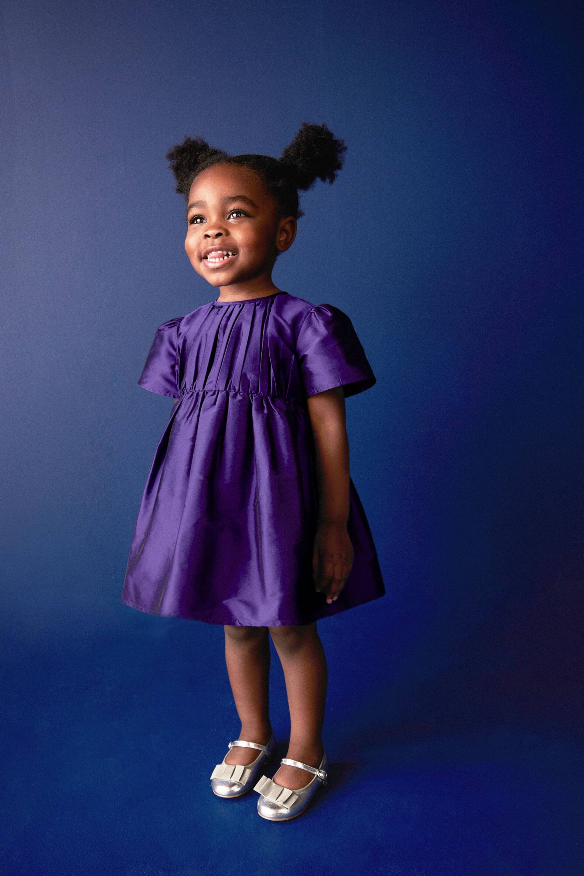 Purple Pleat Detail Short Sleeve Taffeta Dress (3mths-10yrs) - Image 1 of 8