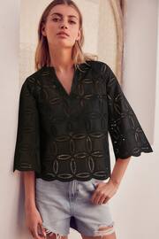 Black 3/4 Sleeve Floral Broderie Notch Neck Top - Image 1 of 6