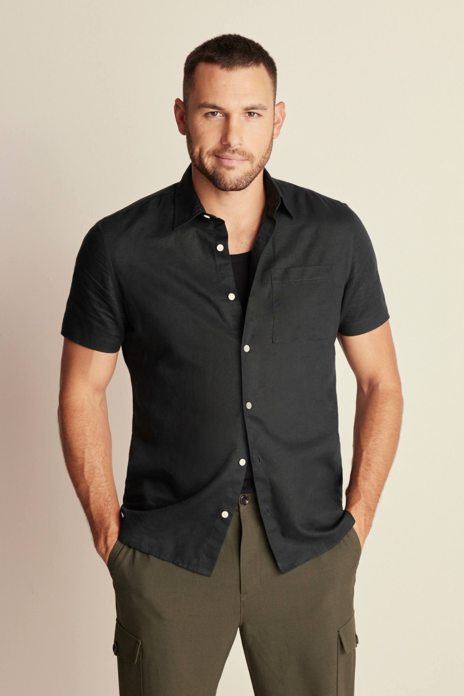 Black Standard Collar Linen Blend Short Sleeve Shirt - Image 1 of 8