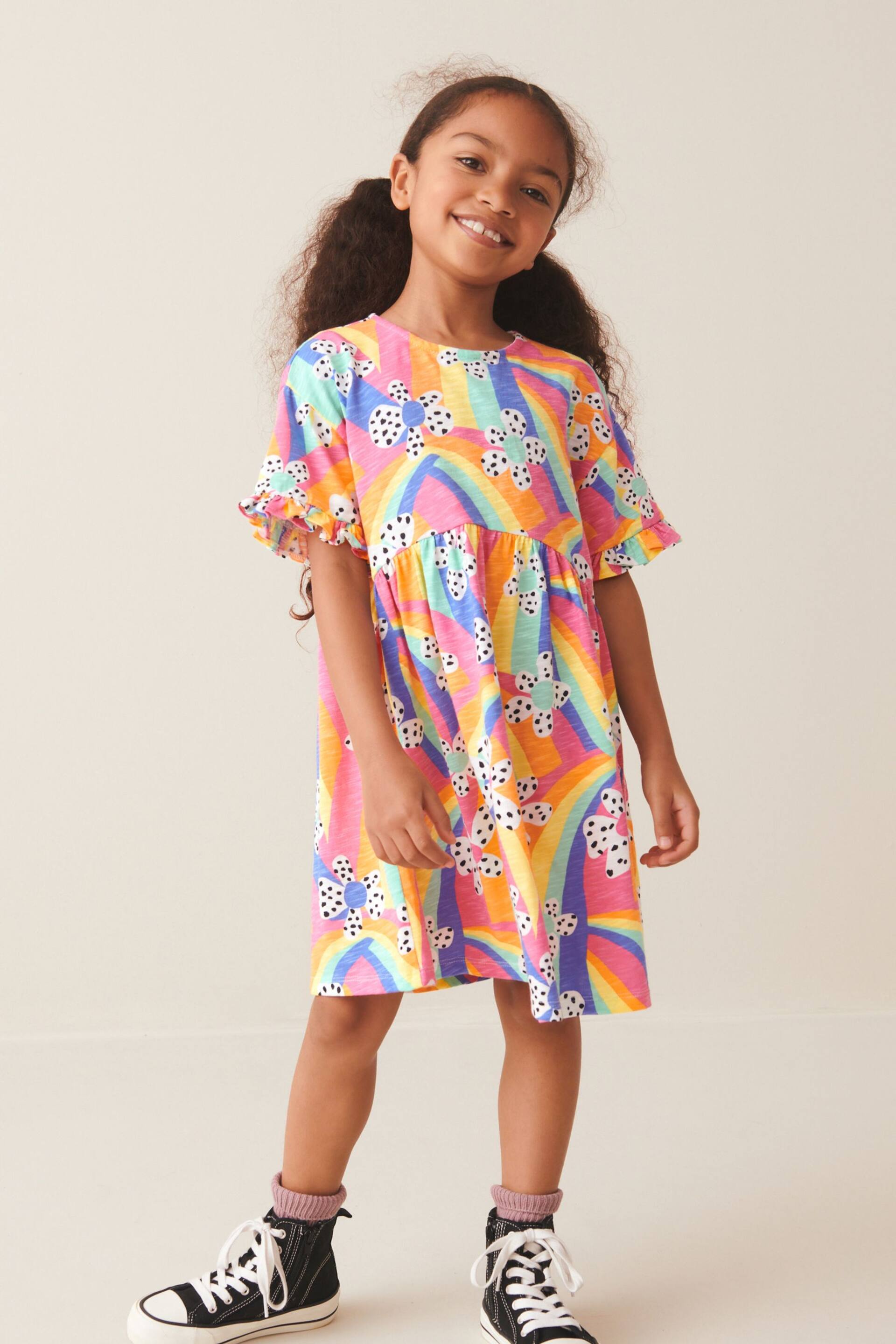 Rainbow Flower Short Sleeve Cotton Jersey Dress (3-16yrs) - Image 1 of 6