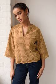 Brown 3/4 Sleeve Floral Broderie Notch Neck Top - Image 1 of 6