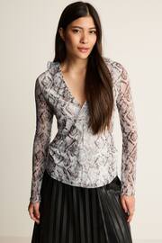 White Snake Print Long Sleeve Ruffle Front Mesh Top - Image 1 of 6