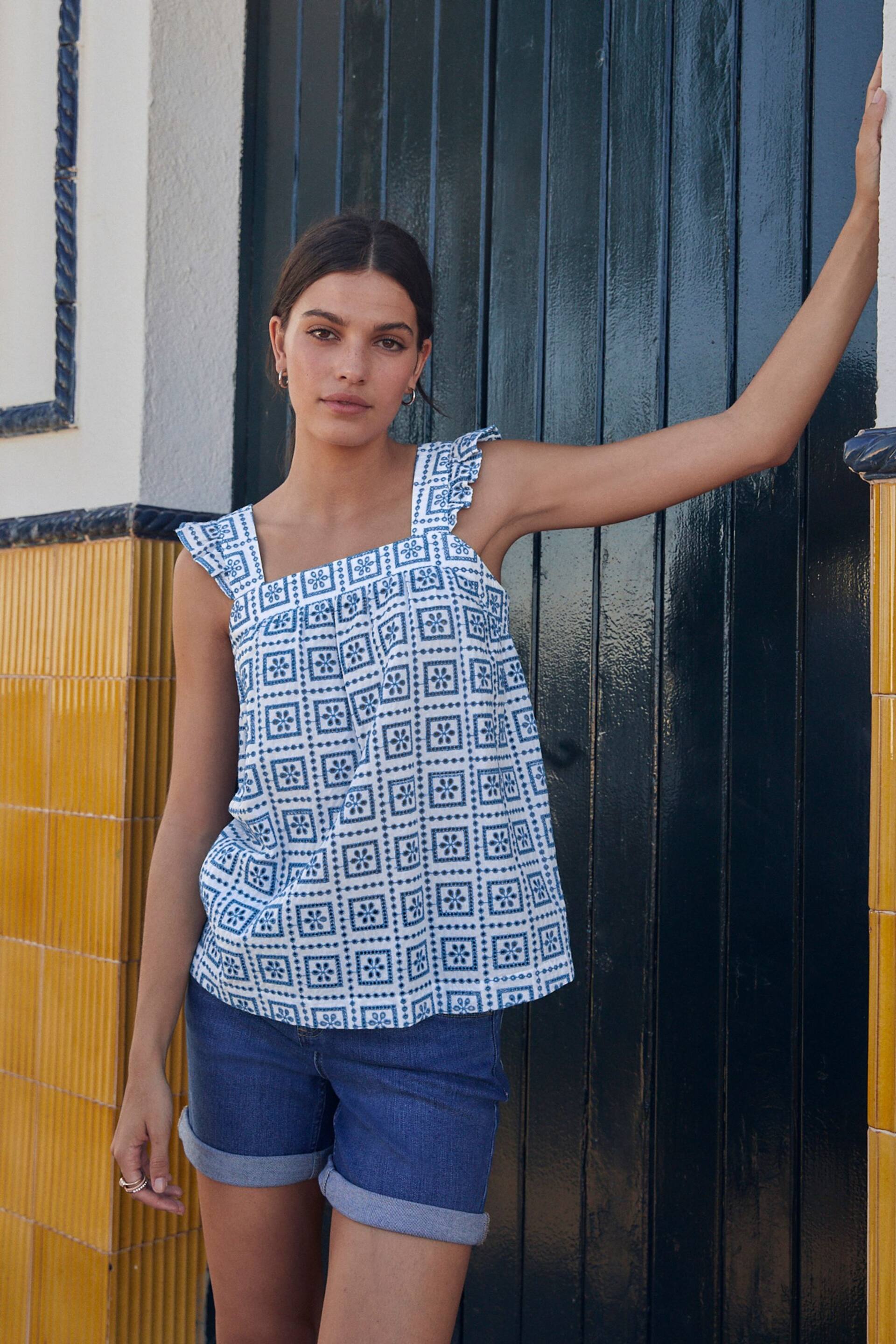 Blue/White Broderie Frill Sleeve Embroidered Cami Top - Image 1 of 6