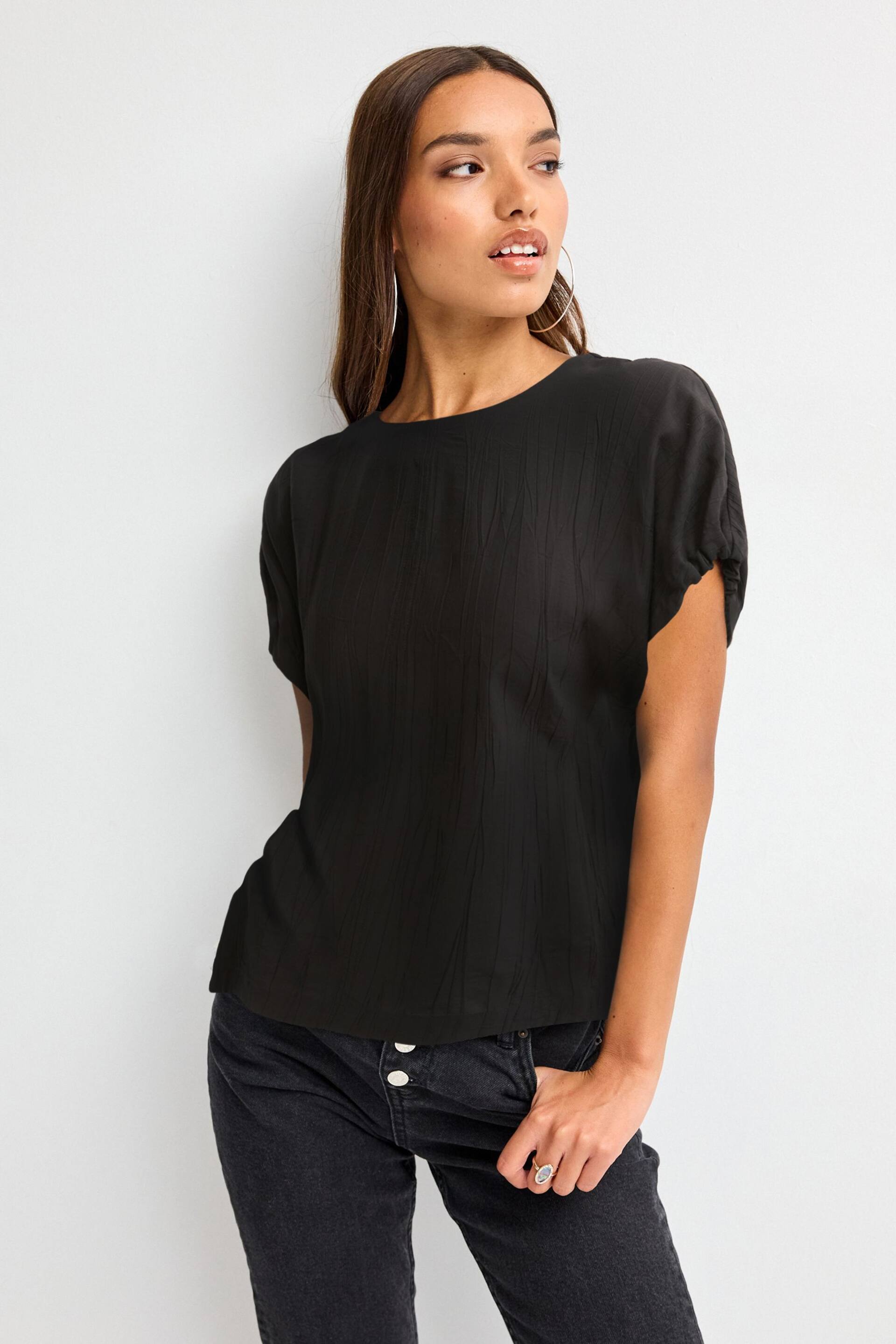 Black Gathered Short Sleeve Textured Boxy T-Shirt - Image 1 of 6