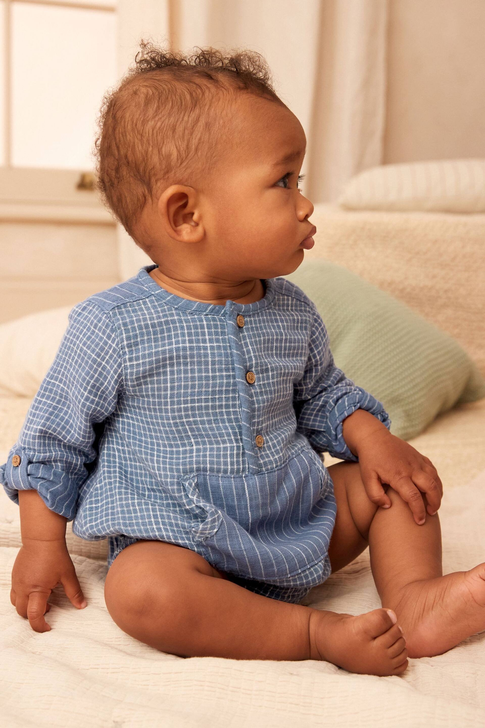 Blue Woven Long Sleeve Bloomer Romper (0mths-2yrs) - Image 1 of 8