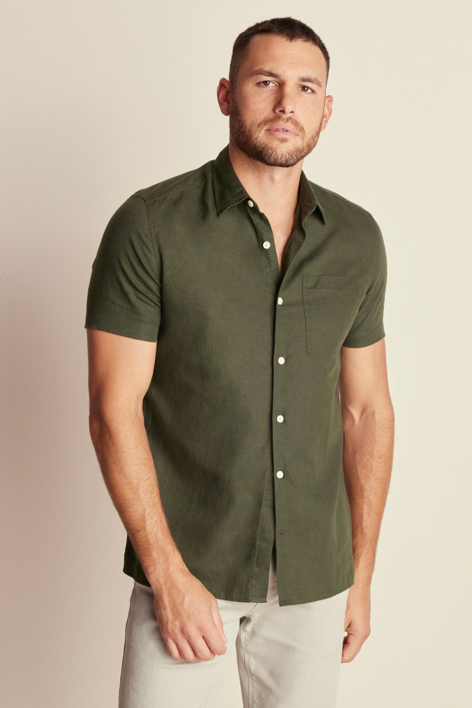 Dark Green Standard Collar Linen Blend Short Sleeve Shirt - Image 1 of 8