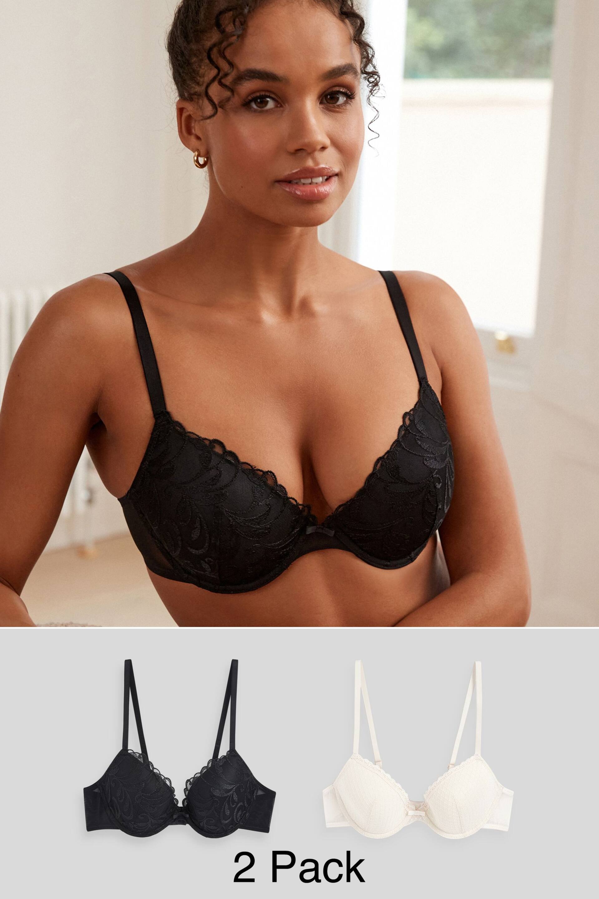 Black/Cream Pad Plunge Embroidered Bras 2 Pack - Image 1 of 8