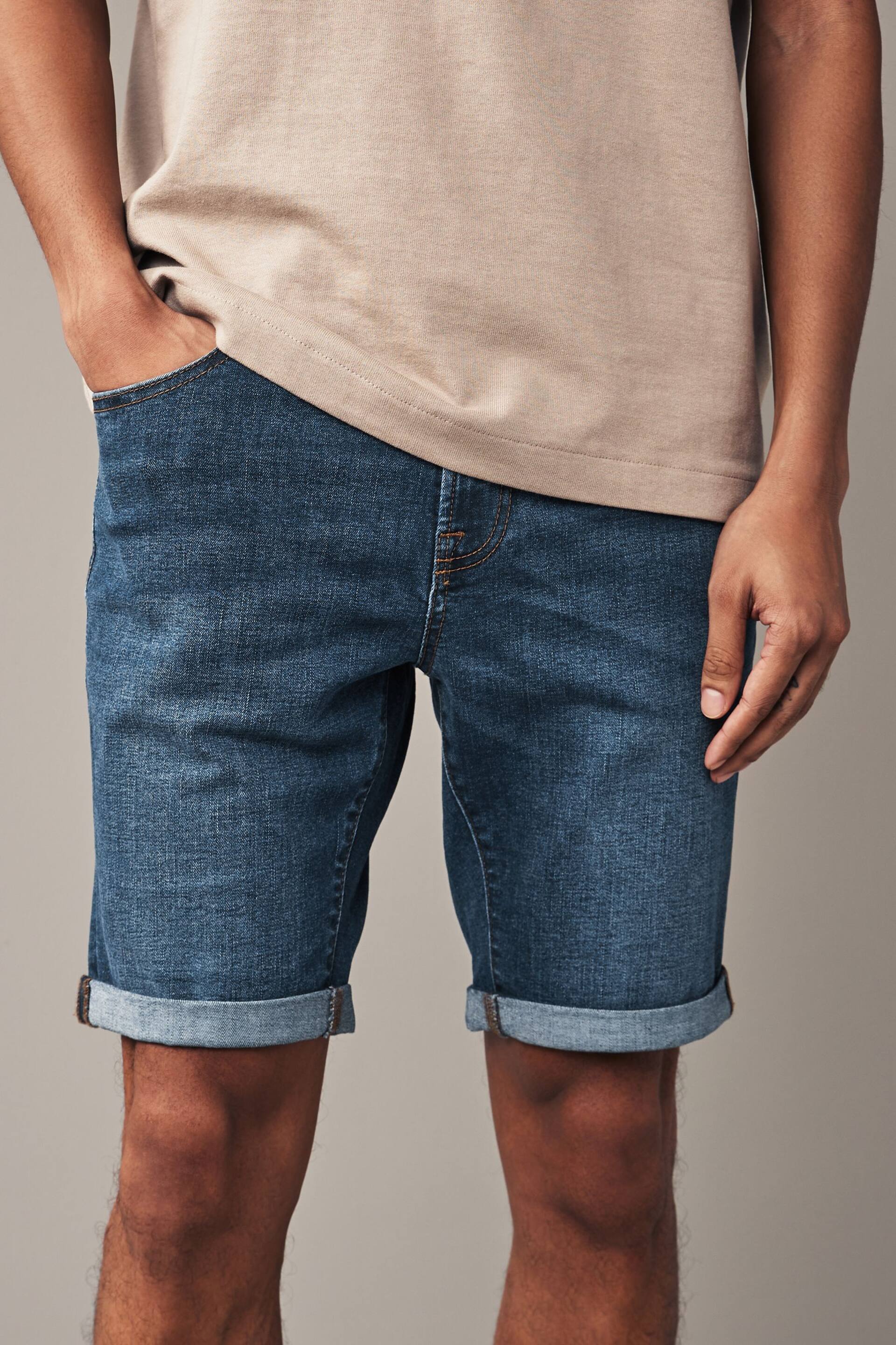 Mid Blue Skinny Fit Stretch Denim Shorts - Image 1 of 8