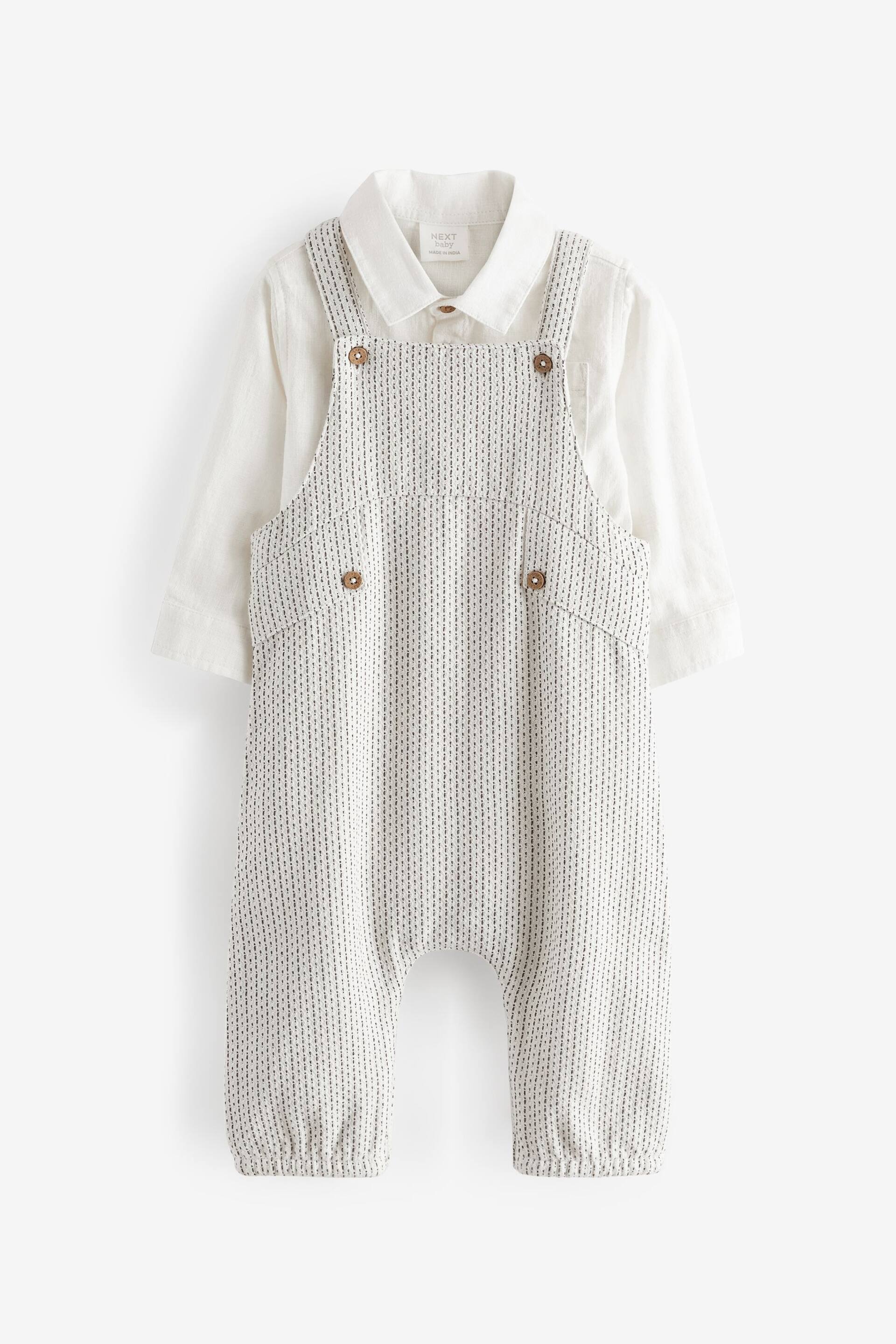 Grey/White Baby Woven Dungarees And Shirt Set (0mths-3yrs) - Image 1 of 4