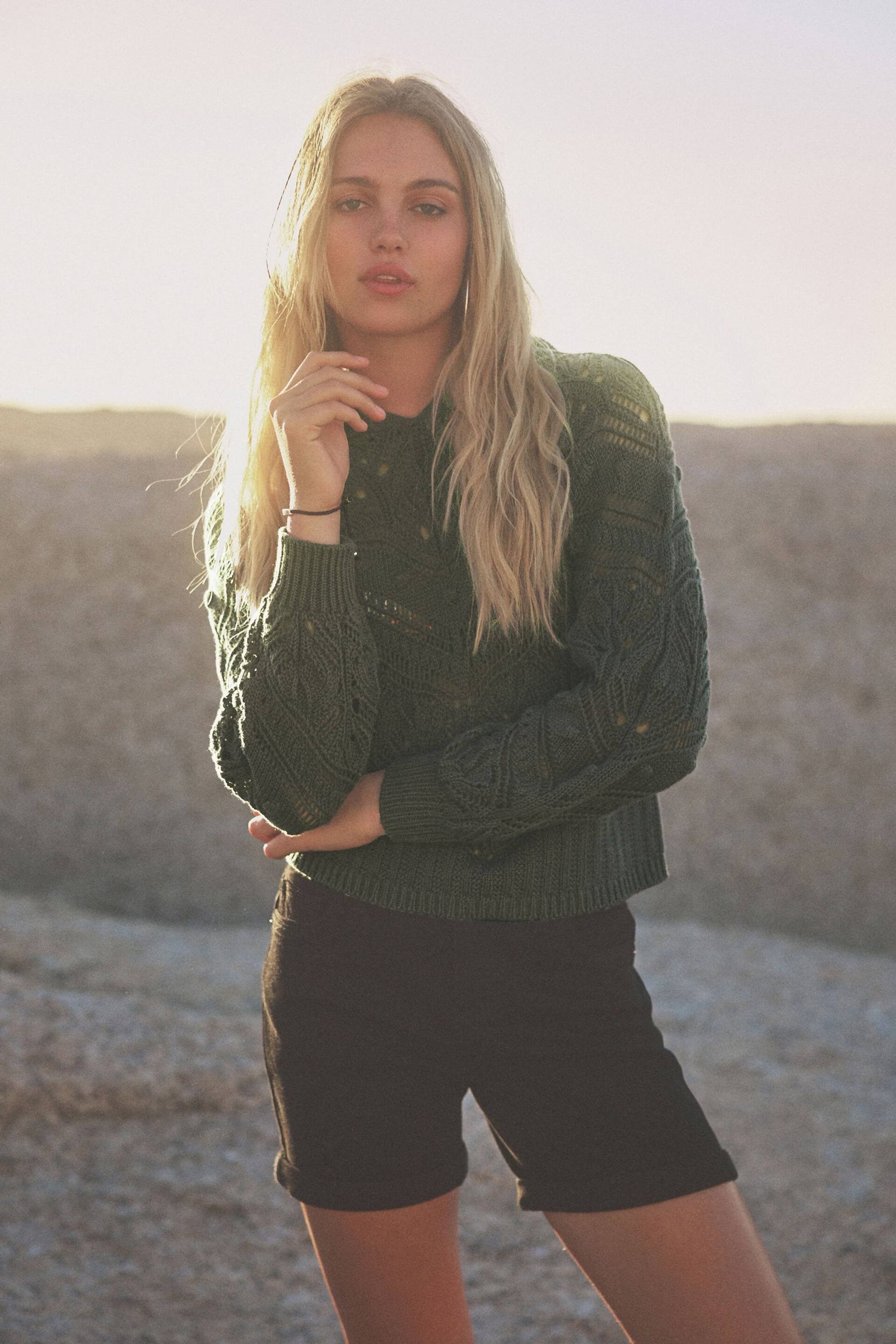 Khaki Green Crochet Knitted Hoodie - Image 1 of 6