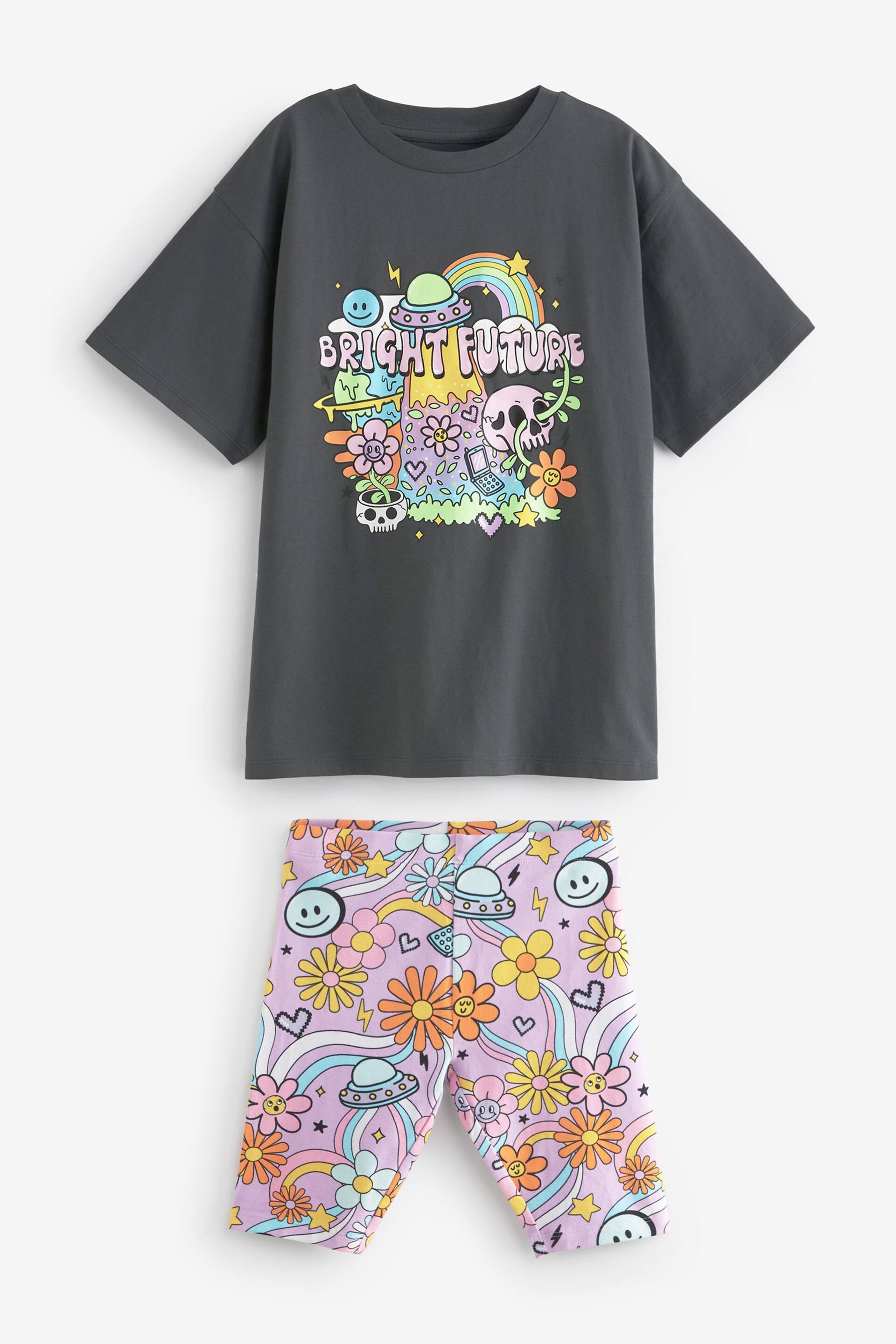 Charcoal Grey Bright Character Oversized T-Shirt and Cycle Shorts Set (3-16yrs) - Image 1 of 7