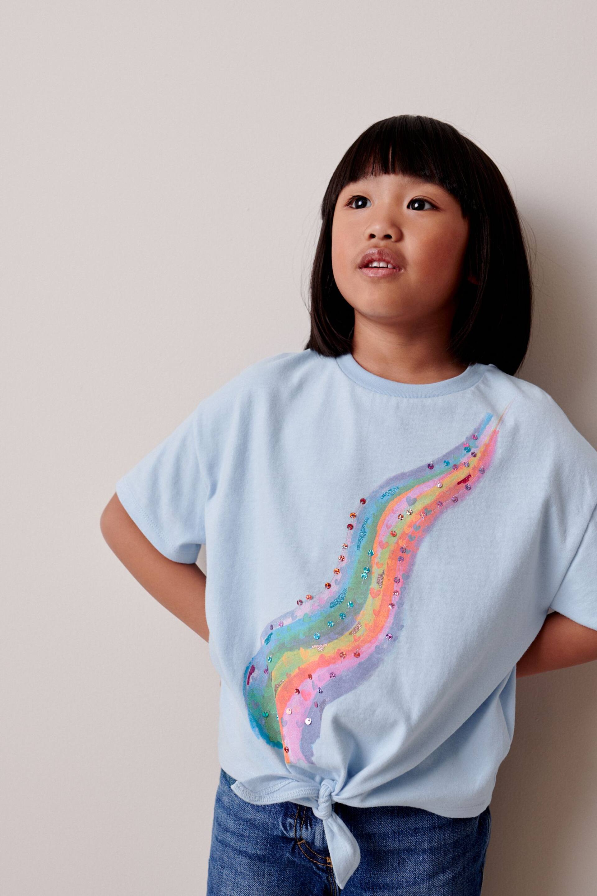 Blue Rainbow Sequin Tie Front T-Shirt (3-16yrs) - Image 1 of 7