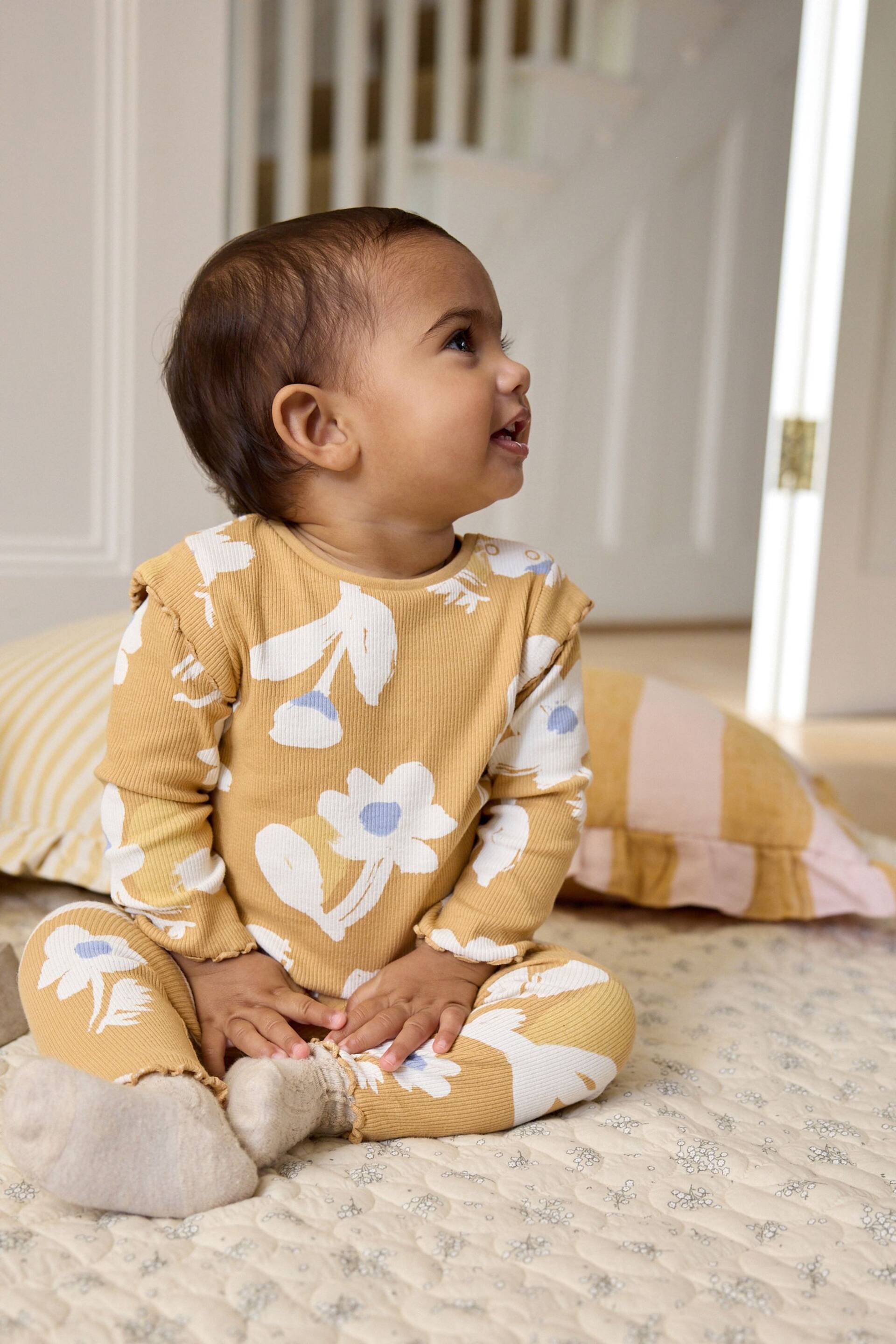 Ochre Yellow Floral Baby Top And Leggings Set - Image 1 of 10
