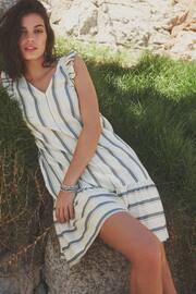 White/Blue Linen V-Neck Blend Summer Sleeveless Shift Dress - Image 1 of 7