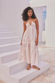 Pink Stripe Halter Tiered Maxi Summer Dress - Image 1 of 7