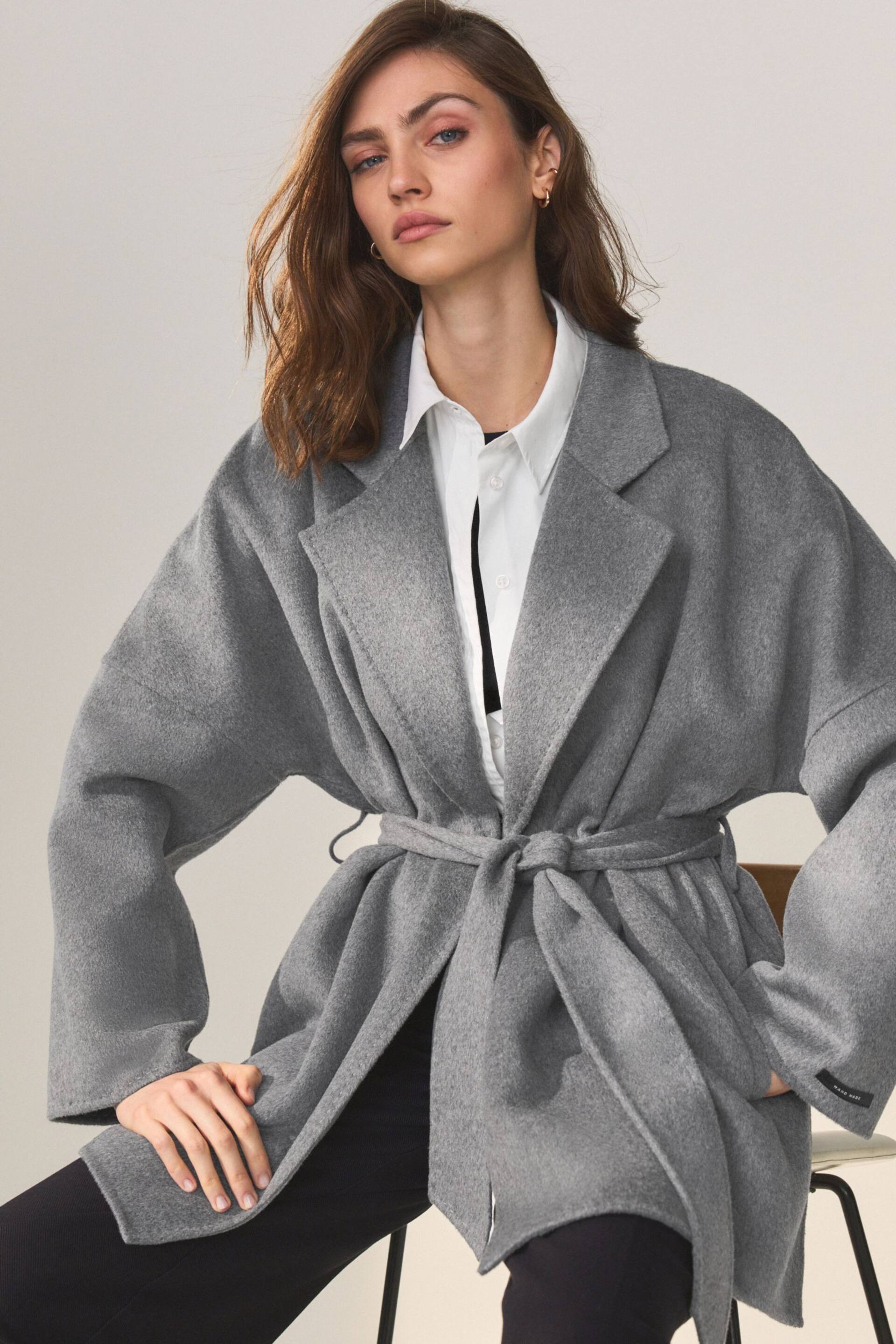 Grey Handsewn Wool Blend Belted Coat - Image 1 of 9