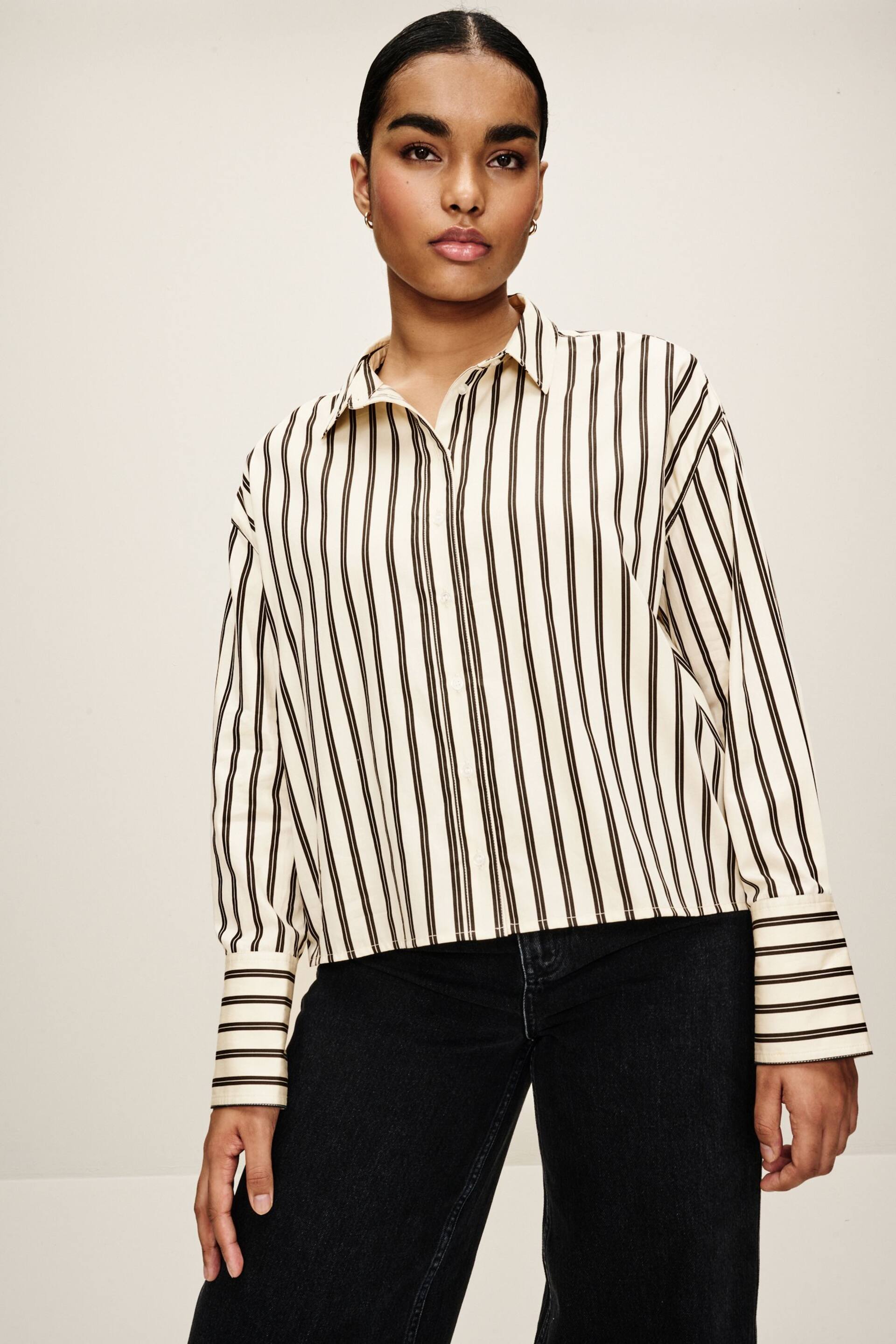 Monochrome Stripe Long Sleeve Cotton Cropped Shirt - Image 1 of 7