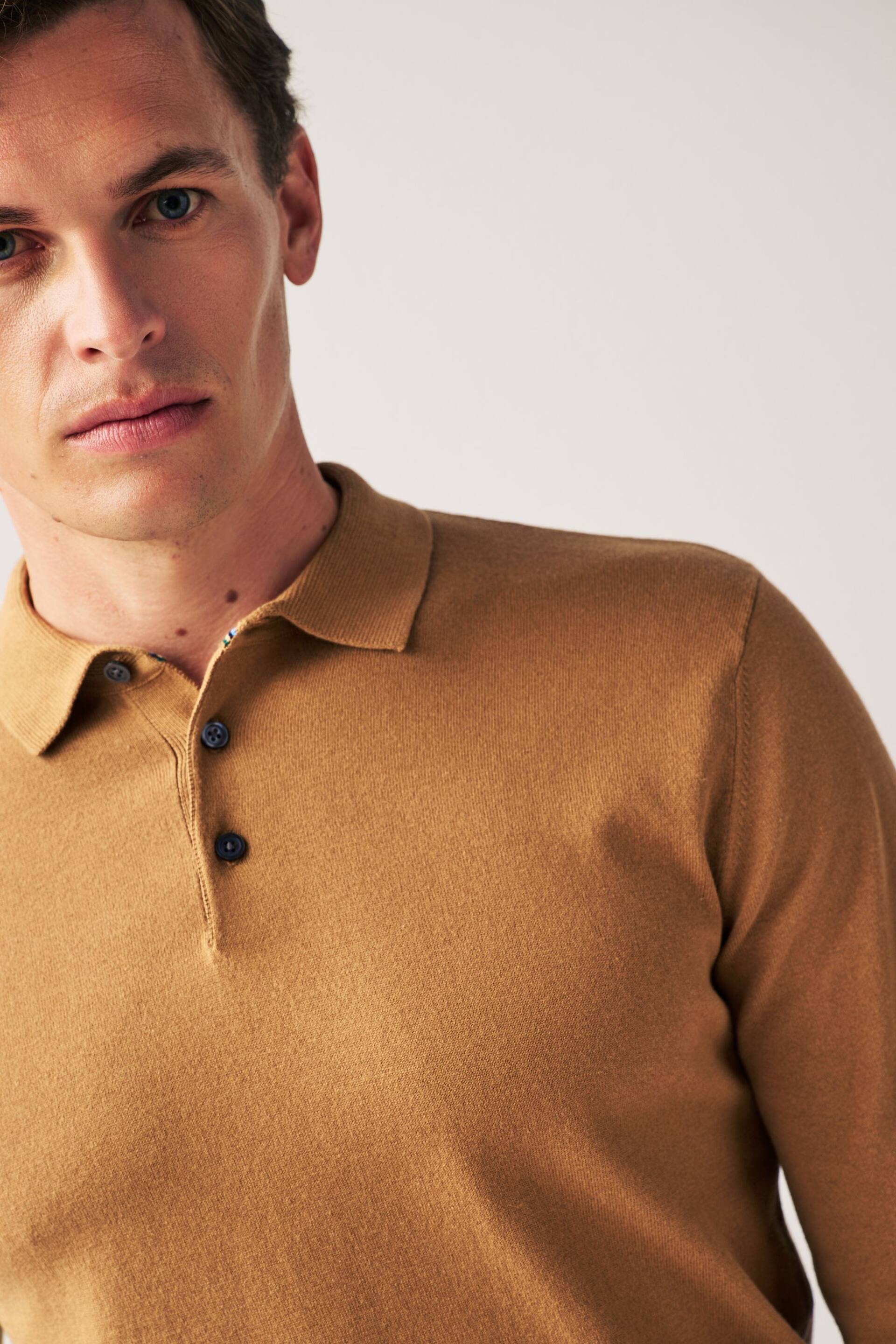 Camel Brown Regular Knitted Long Sleeve Polo Shirt - Image 1 of 7