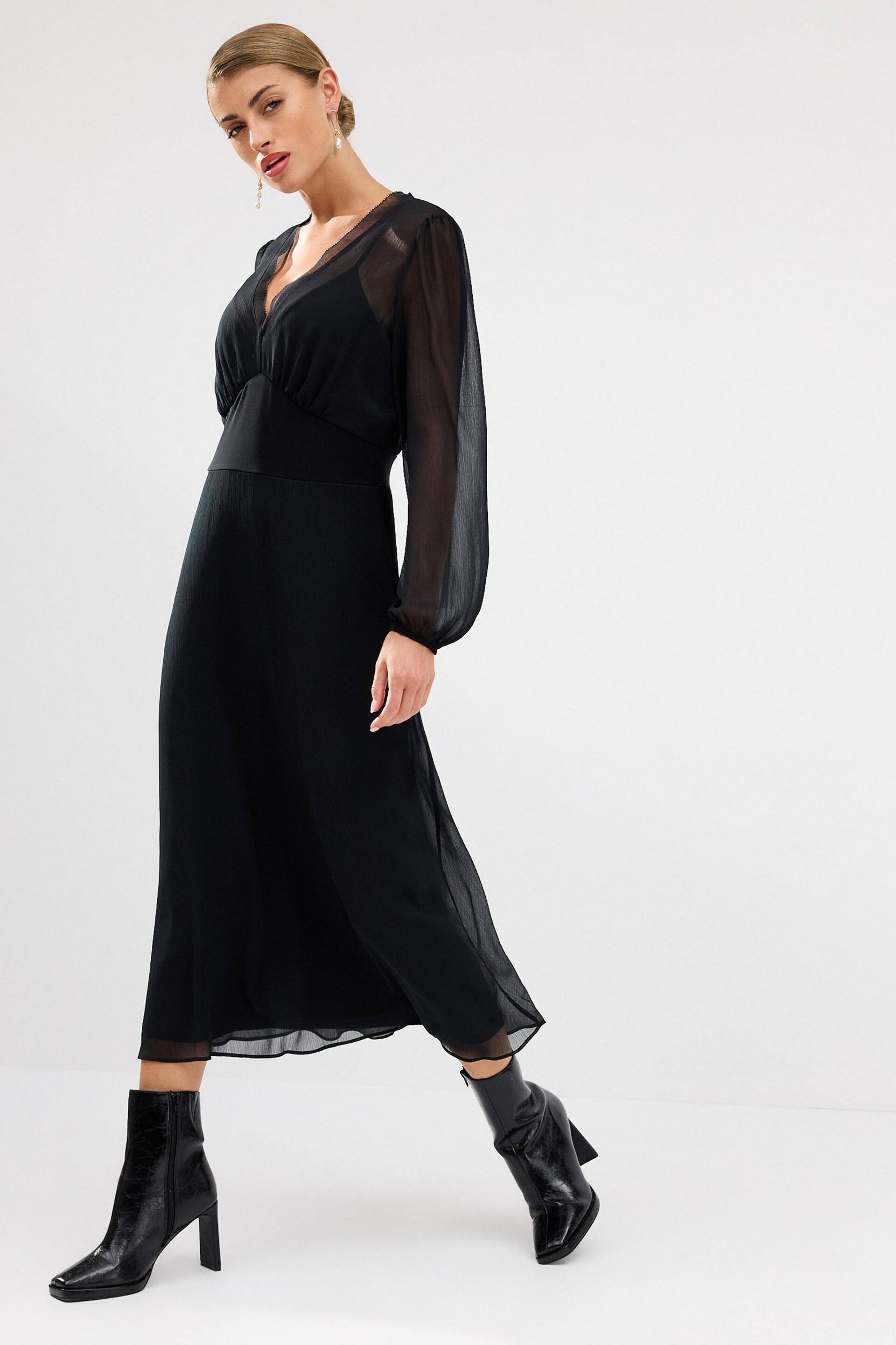 Black Long Sleeve Sheer Layer Midi Dress - Image 1 of 6