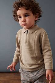 Neutral Long Sleeve Zip Neck Textured Polo Shirt (3mths-7yrs) - Image 1 of 6