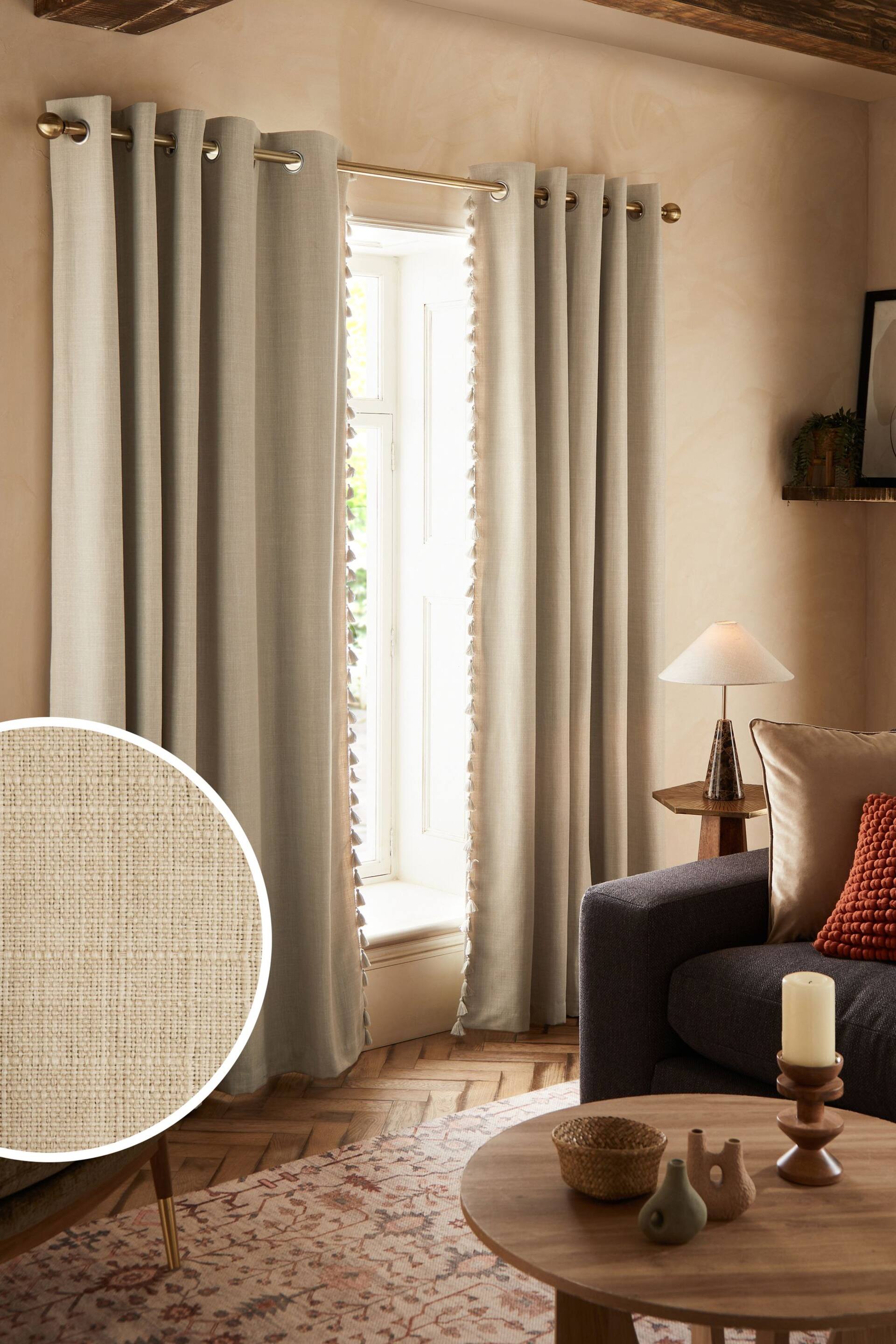 Light Natural Next Textured Tassel Edge Eyelet Blackout/Thermal Curtains - Image 1 of 7