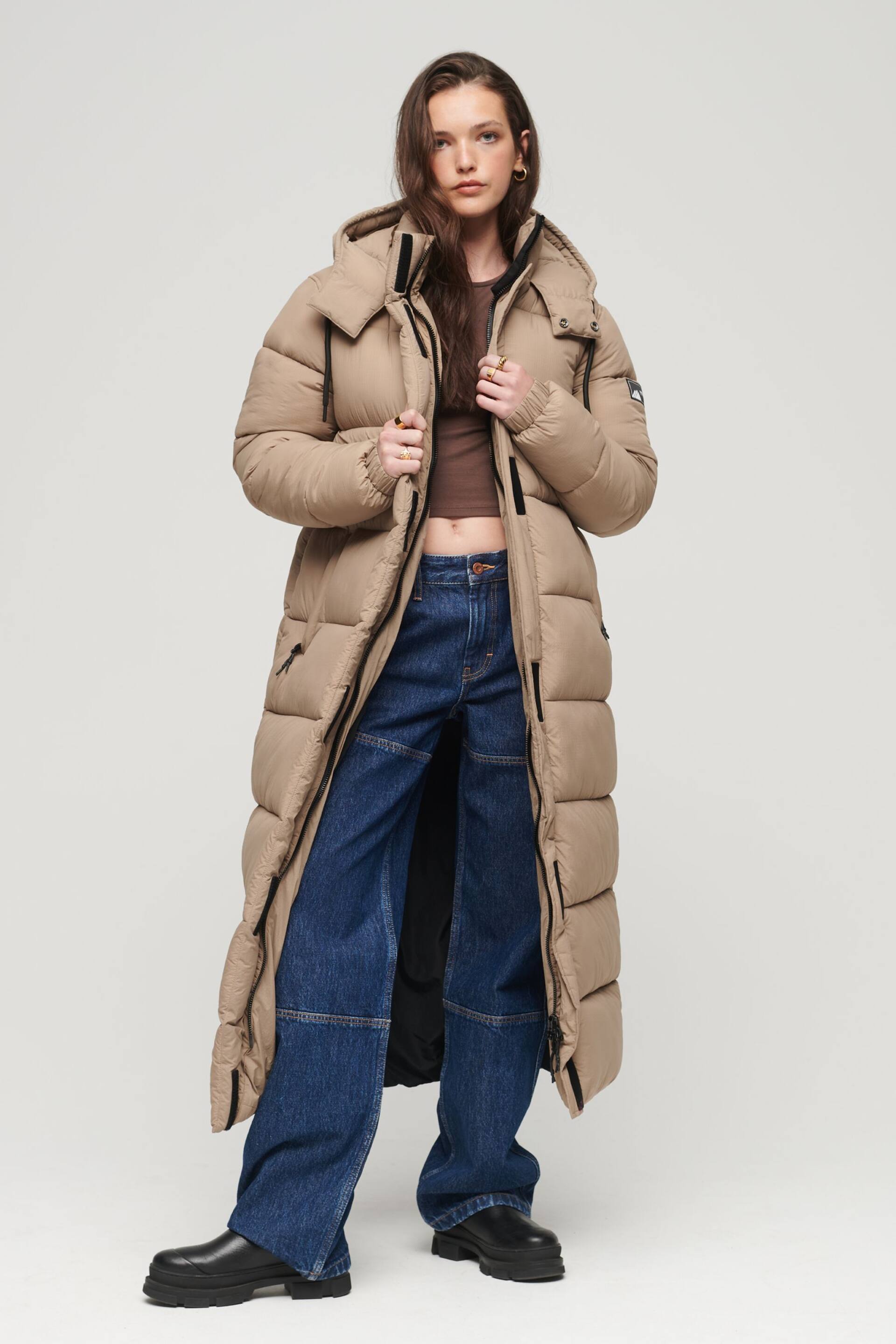 Superdry Brown Ripstop Longline Puffer Jacket - Image 1 of 8