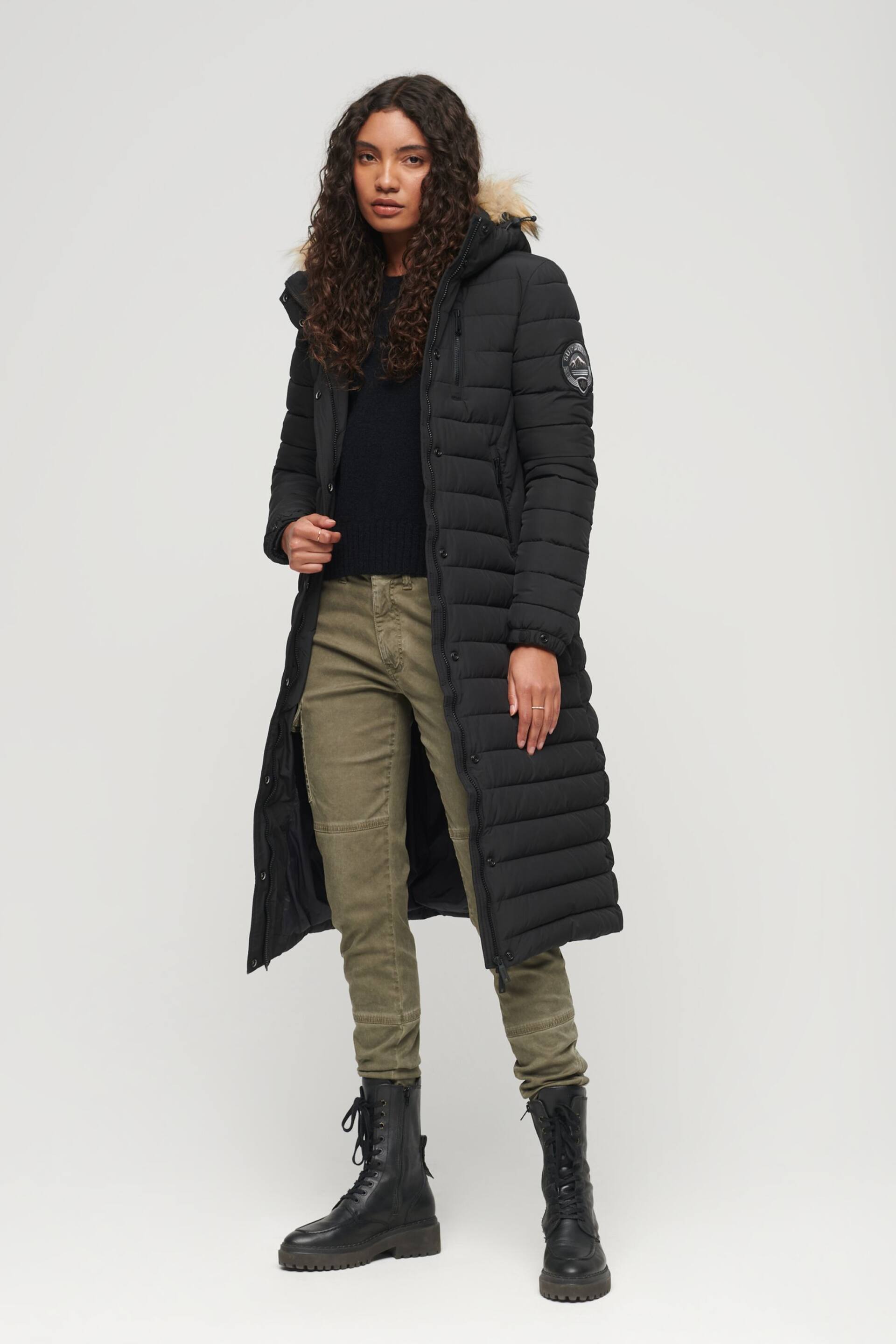 Superdry Black Fuji Hooded Longline Puffer Coat - Image 1 of 7