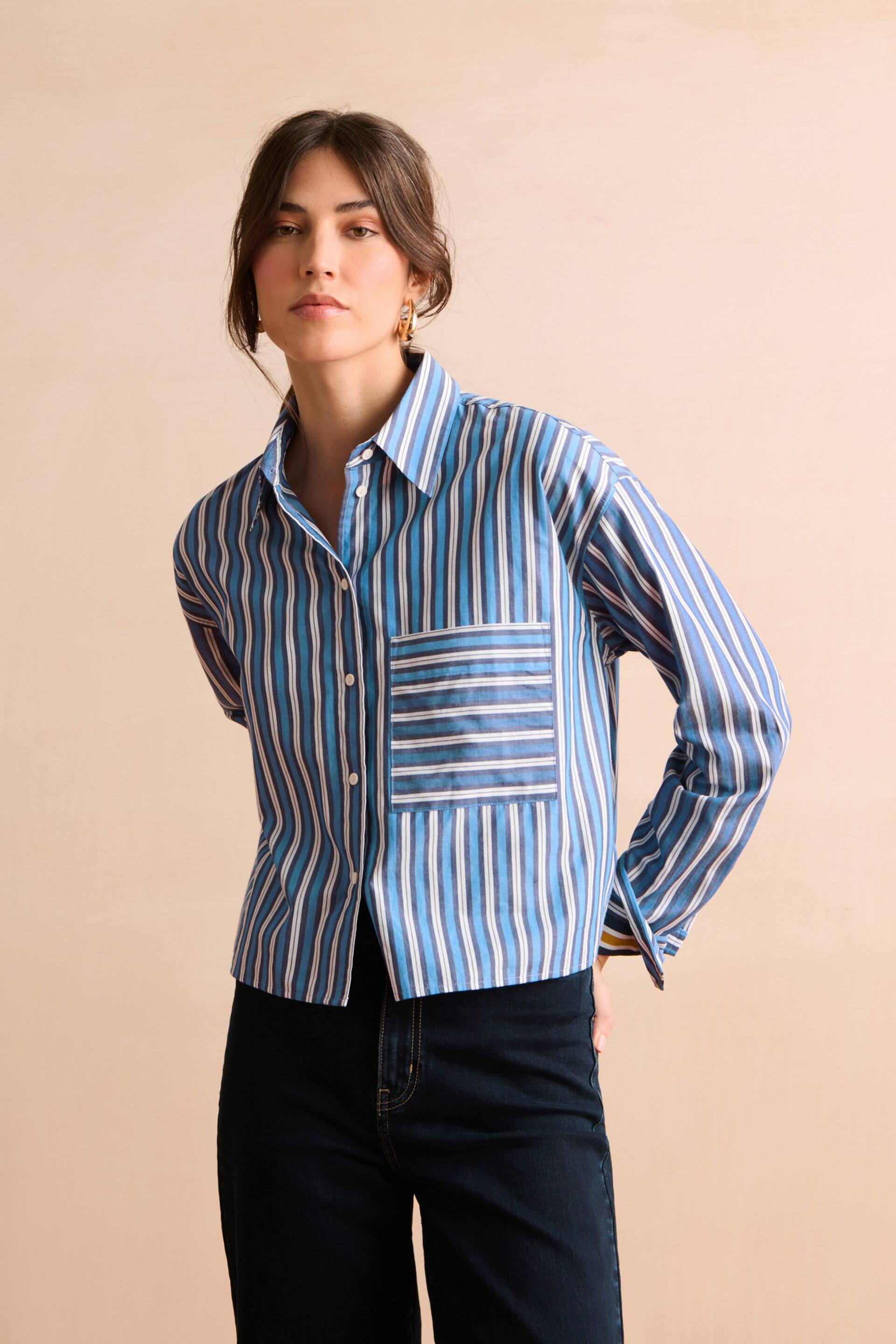 Blue/White Stripe Long Sleeve Cotton Cropped Shirt - Image 1 of 7