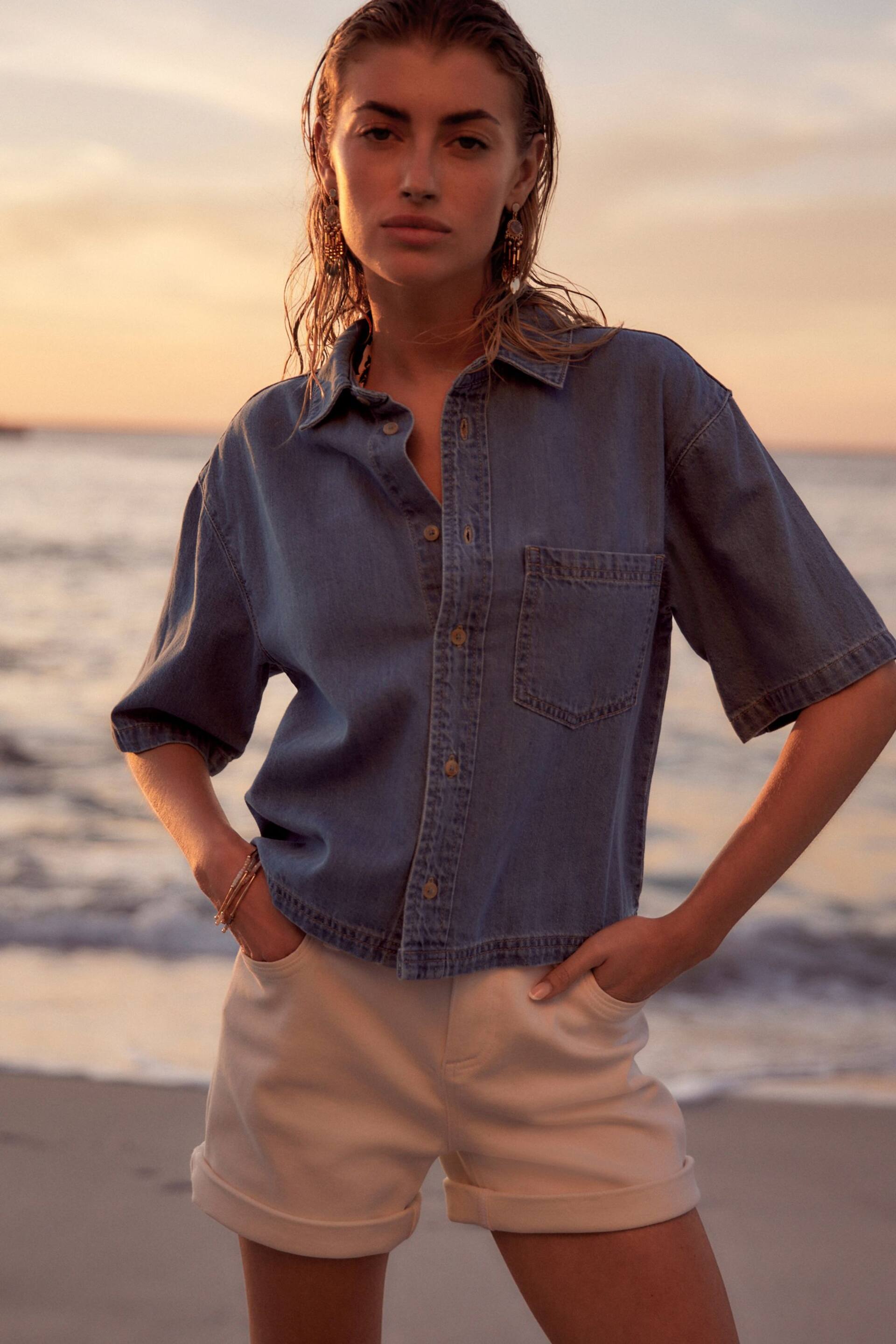 Mid Blue Short Sleeve Lightweight Denim Shirt - Image 1 of 6