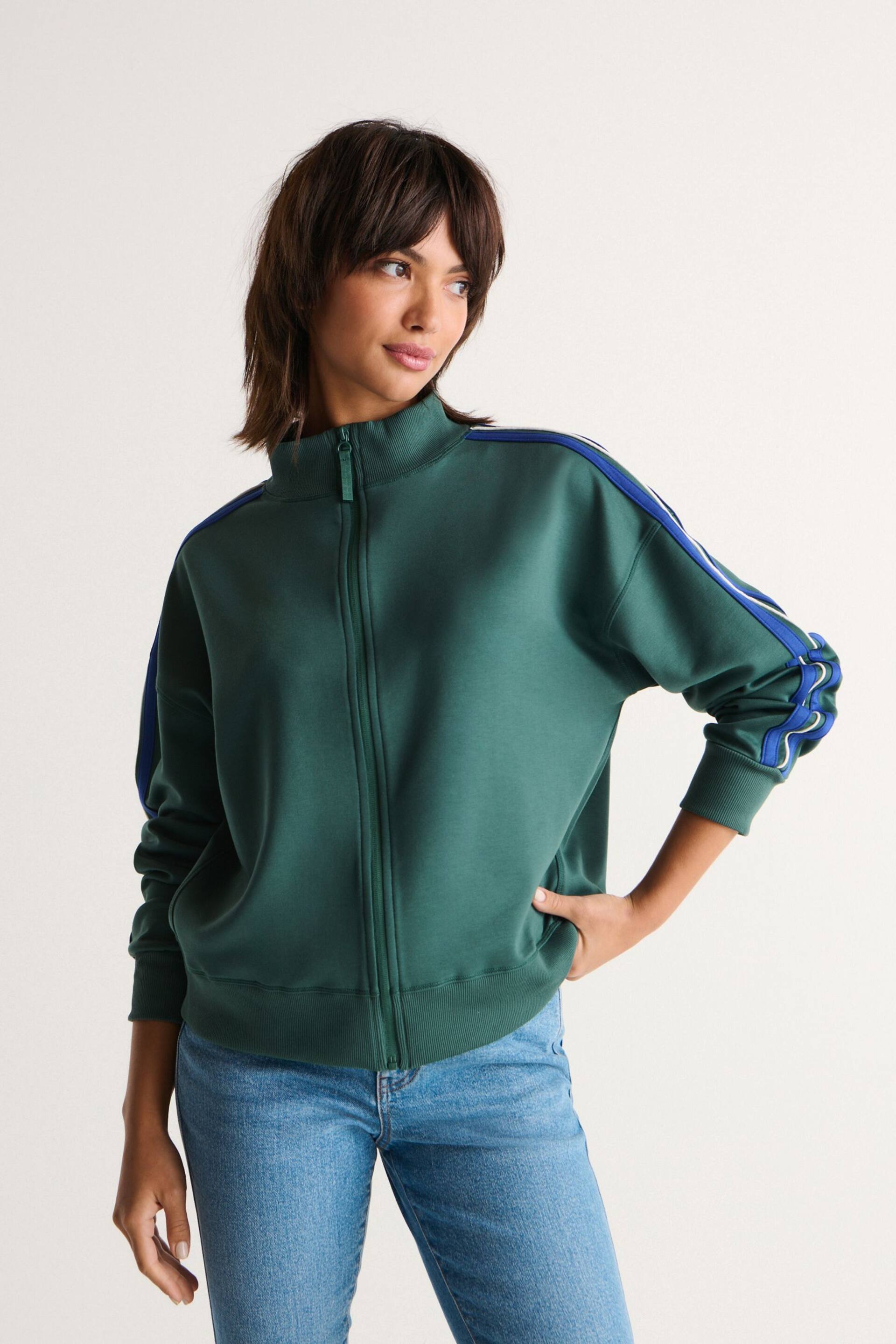 Forest Green Slinky Side Stripe Zip Up High Funnel Neck Tracksuit Jacket - Image 1 of 7