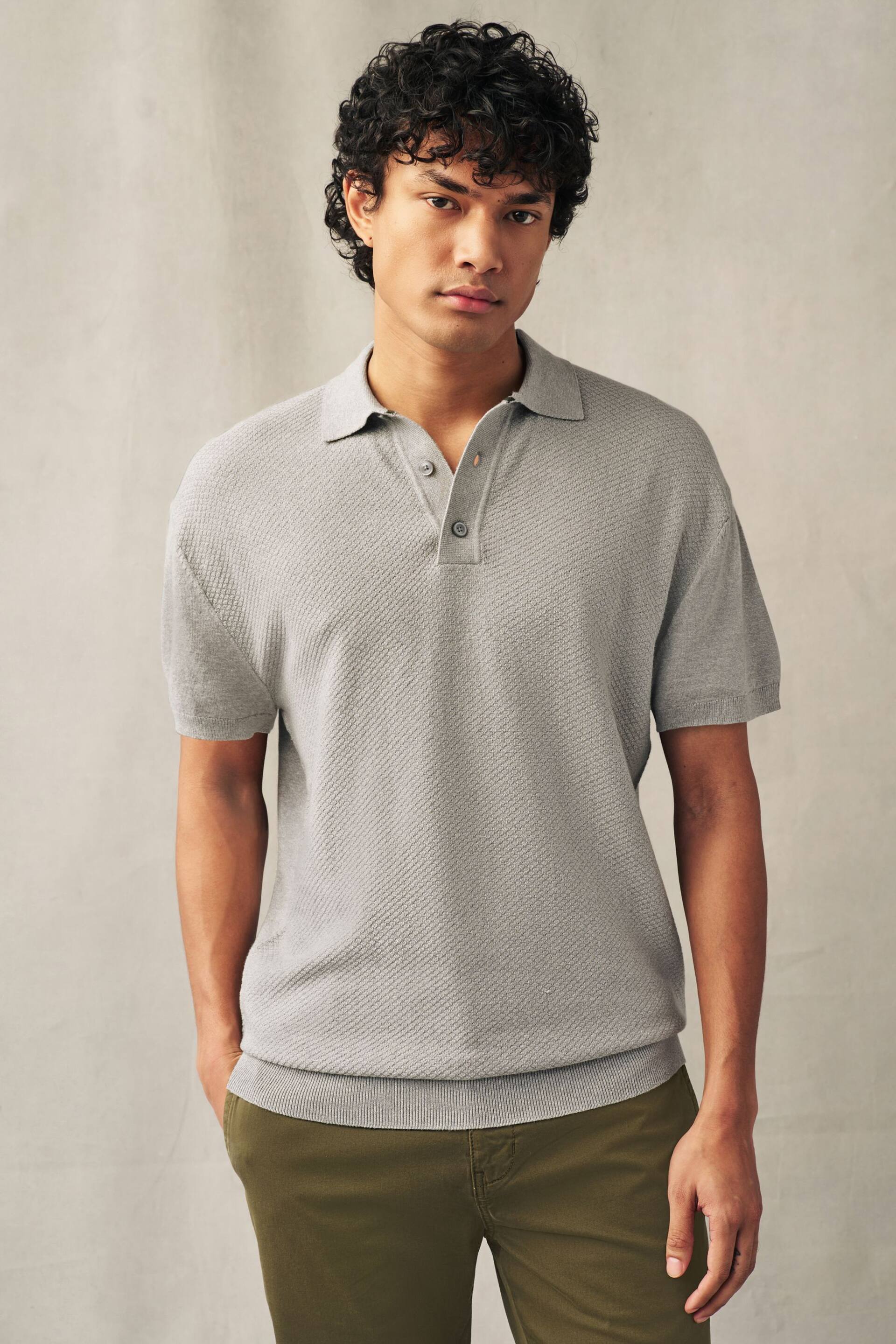 Grey Knitted Bubble Textured Regular Fit Polo Shirt - Image 1 of 7