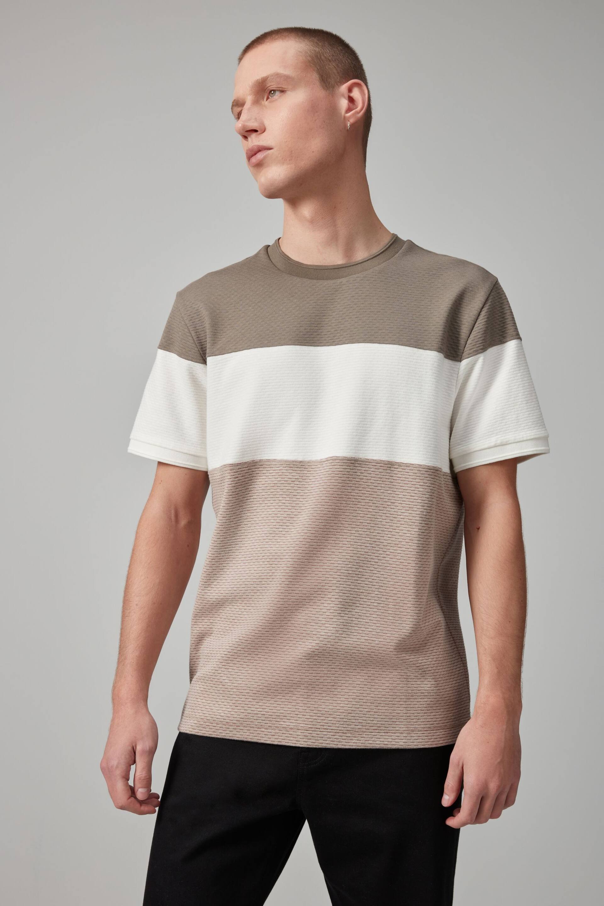 Neutral Textured Colour Block T-Shirt - Image 1 of 8
