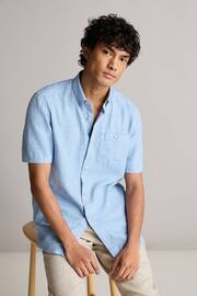 Blue Standard Collar Linen Blend Short Sleeve Shirt - Image 1 of 8