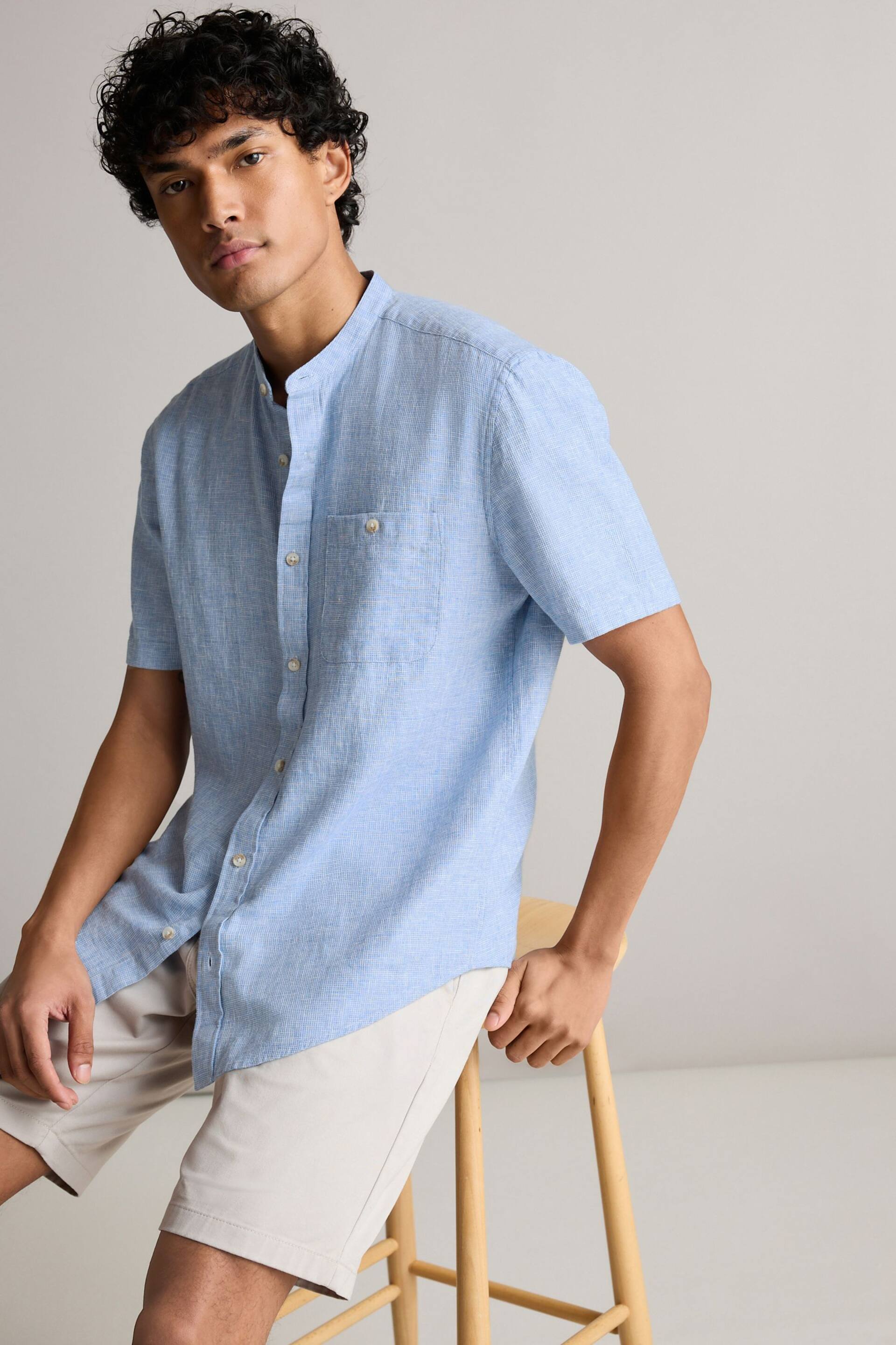 Blue Grandad Collar Linen Blend Short Sleeve Shirt - Image 1 of 7