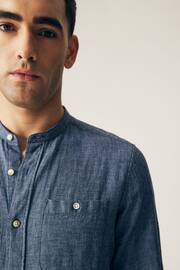 Blue Grandad Collar Linen Blend Long Sleeve Shirt - Image 1 of 7