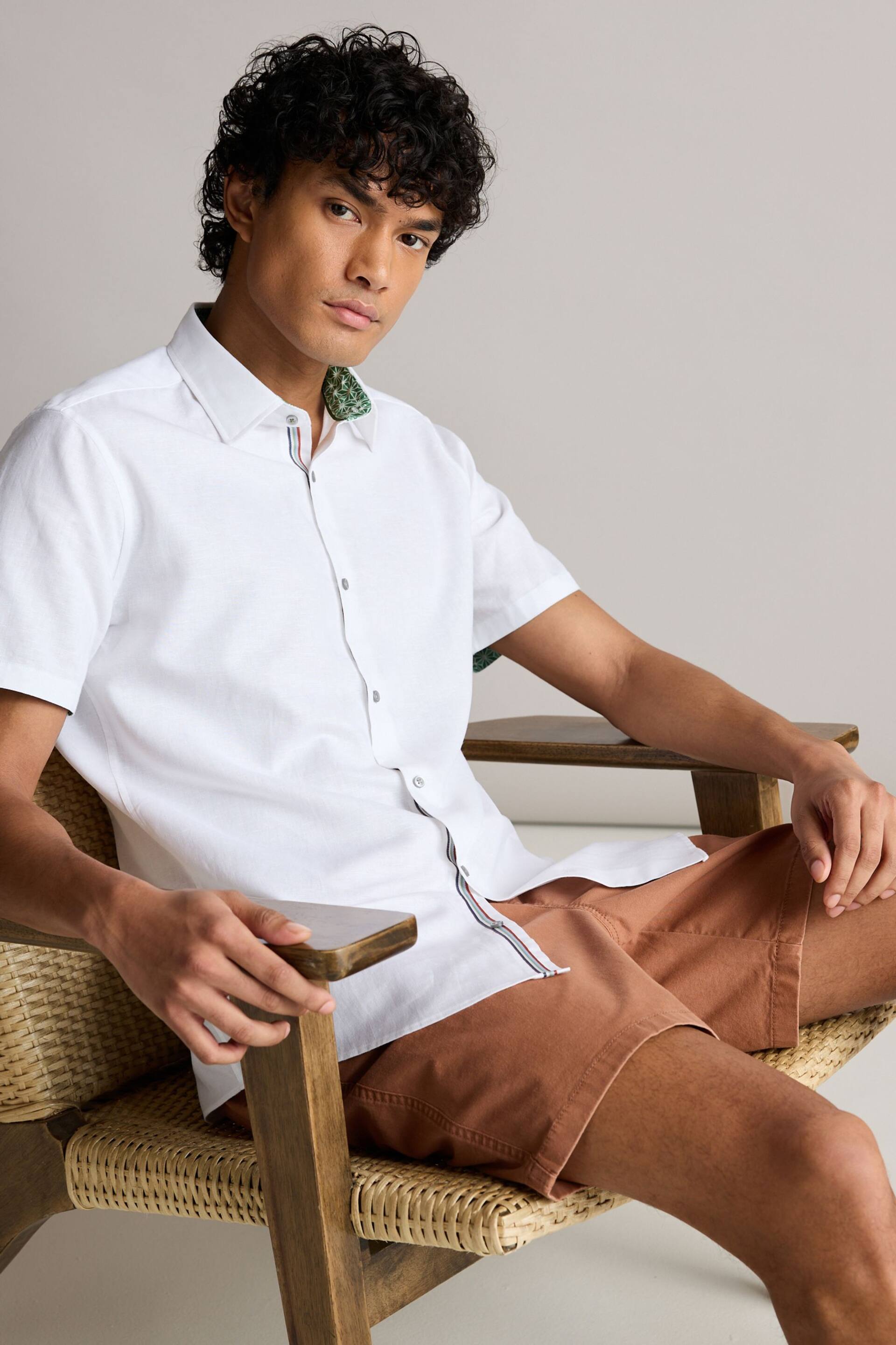 White Slim Fit Trimmed Linen Blend Short Sleeve Shirt - Image 1 of 7