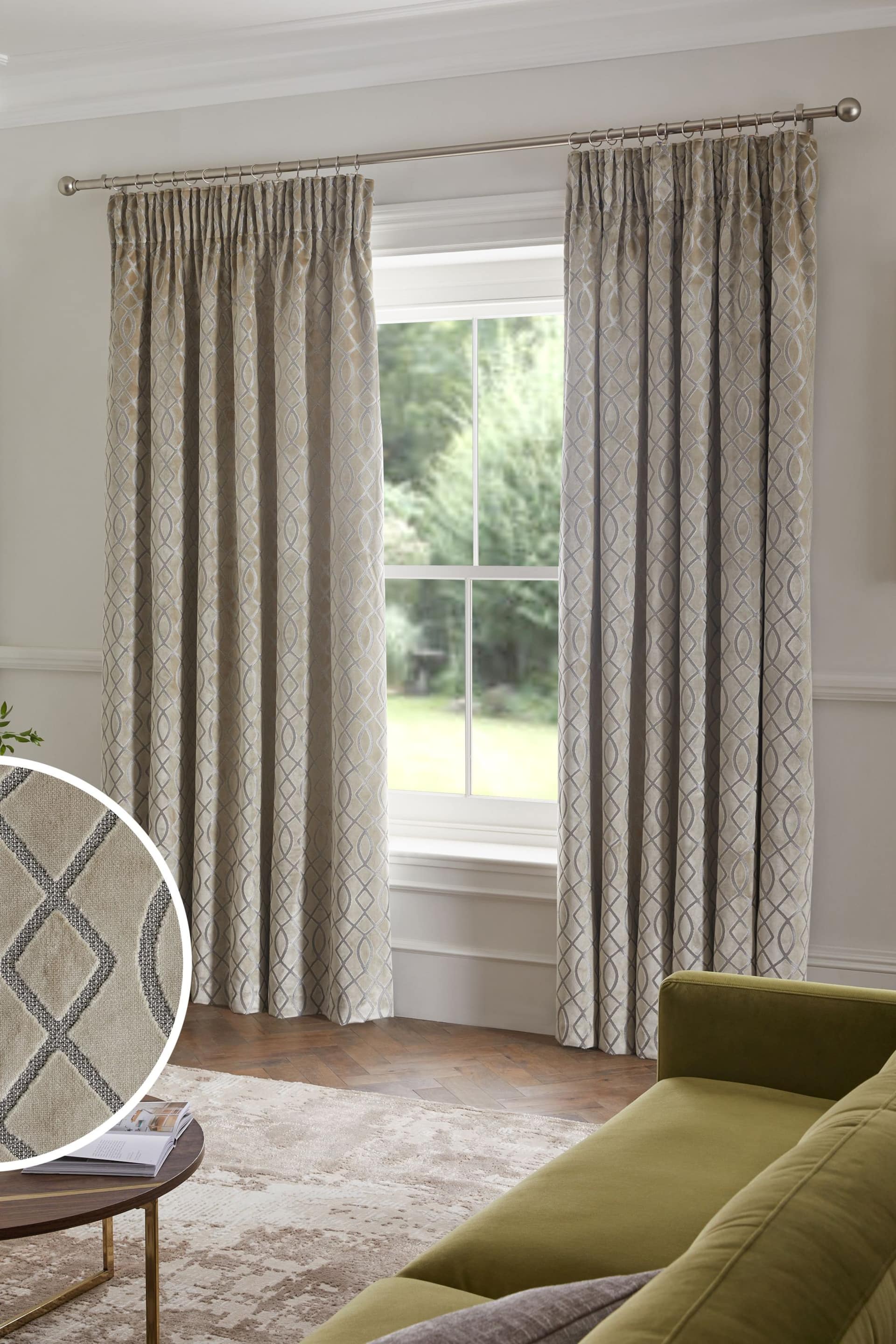 Champagne Gold Next Collection Luxe Heavyweight Maeve Damask Velvet Pencil Pleat Lined Curtains - Image 1 of 6