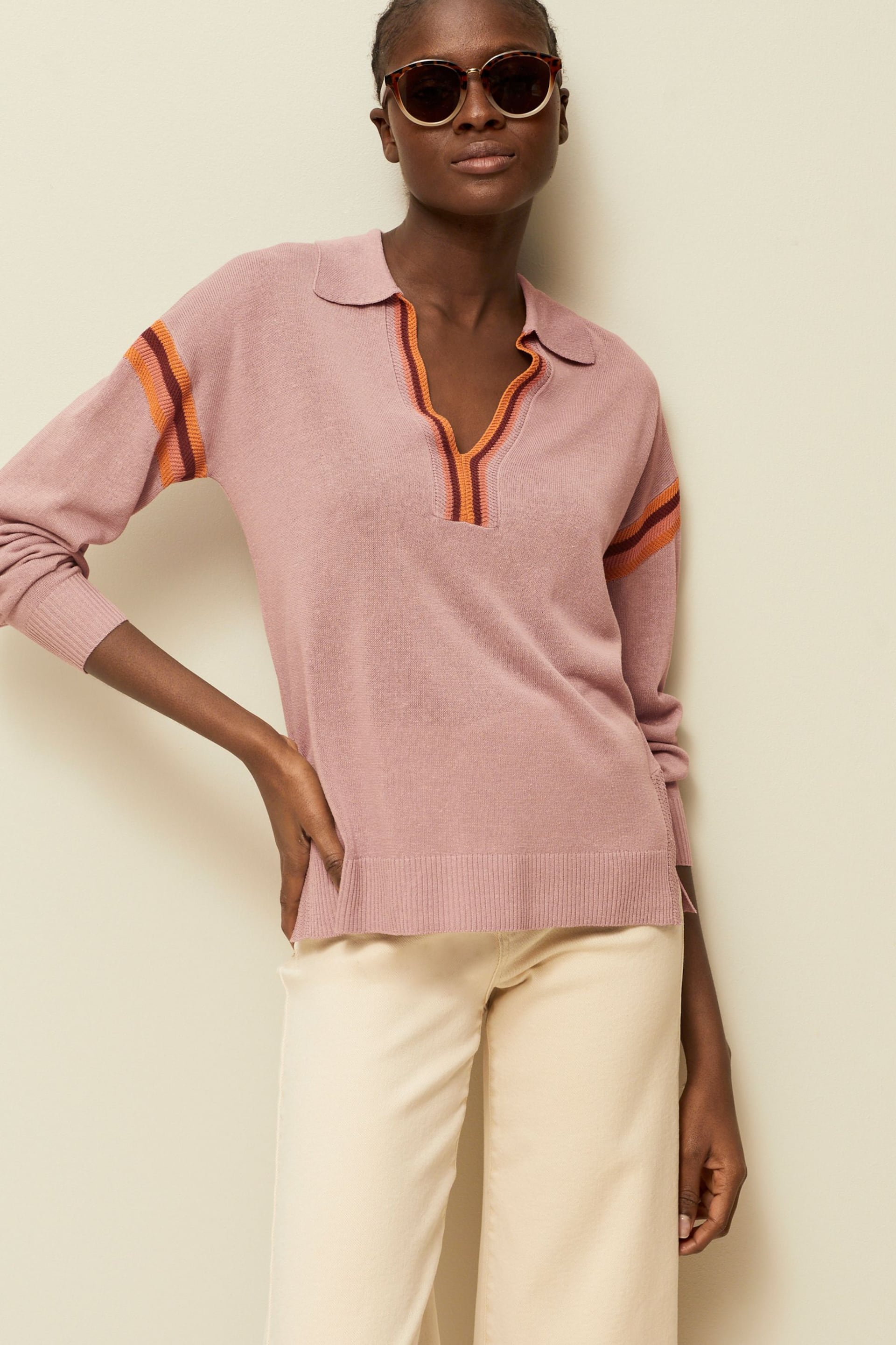 Blush Pink Tipped Linen Polo Long Sleeve Jumper - Image 1 of 6