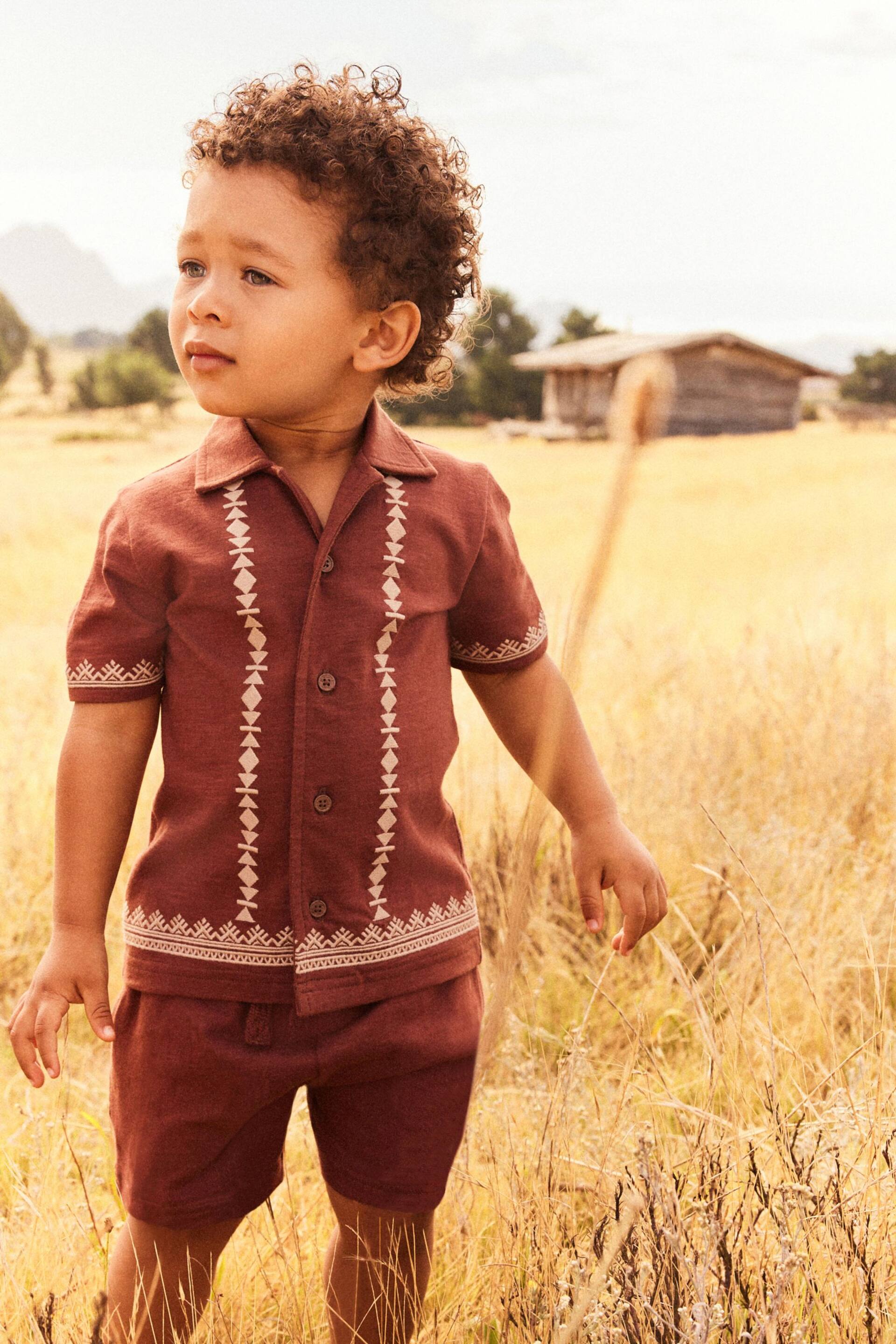 Rust Brown Short Sleeve Pattern Shirt and Shorts Set (3mths-7yrs) - Image 1 of 6