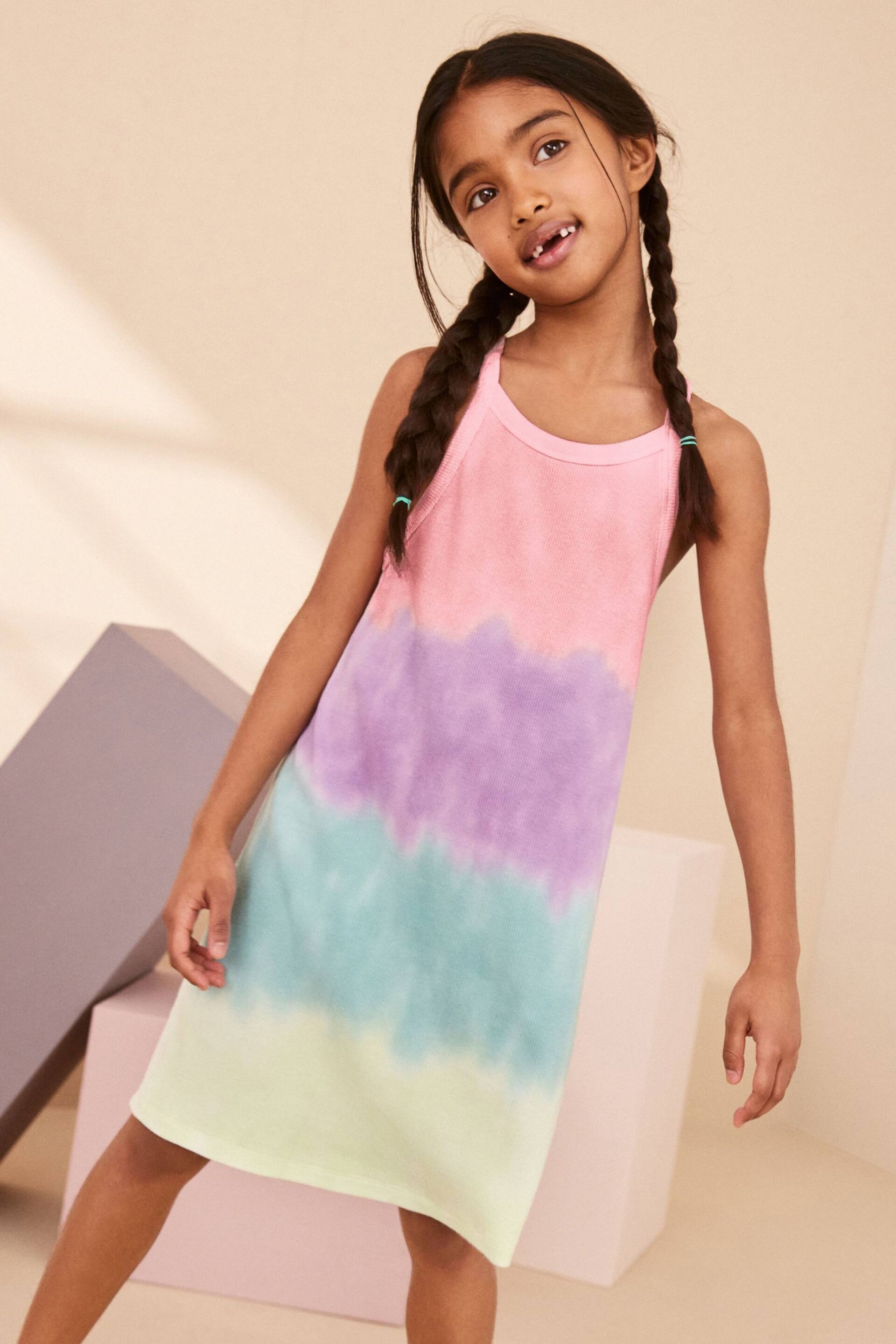Rainbow Tie Dye Ribbed Racer Jersey Dress (3-16yrs) - Image 1 of 7
