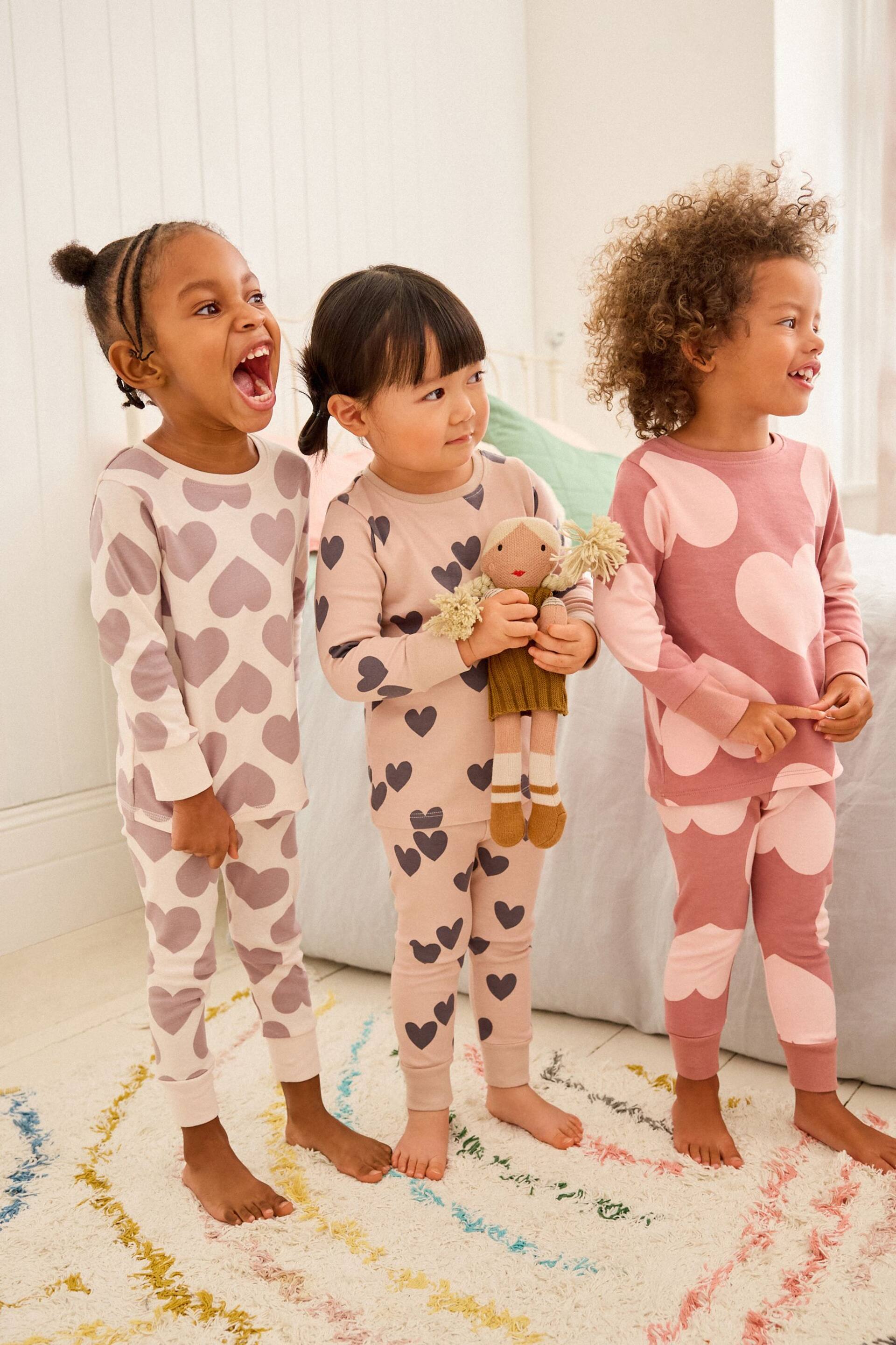 Neutral/ Pink Heart Stampy Pyjamas 3 Pack (9mths-16yrs) - Image 1 of 13
